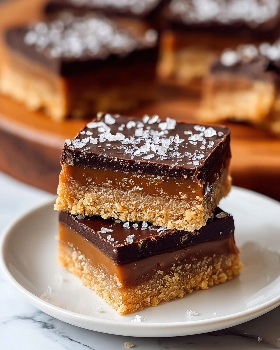 Two square bars stacked on a white plate, each with three layers: the bottom and middle layers are crumbly, golden-brown crust, while the middle layer is a smooth, dark chocolate filling. The top layer is a shiny, light brown caramel with coarse sea salt sprinkled generously on the surface, adding texture and contrast. In the blurred background, more bars on a wooden plate are visible against a white marbled surface. Photo taken with an iphone --ar 4:5 --v 7