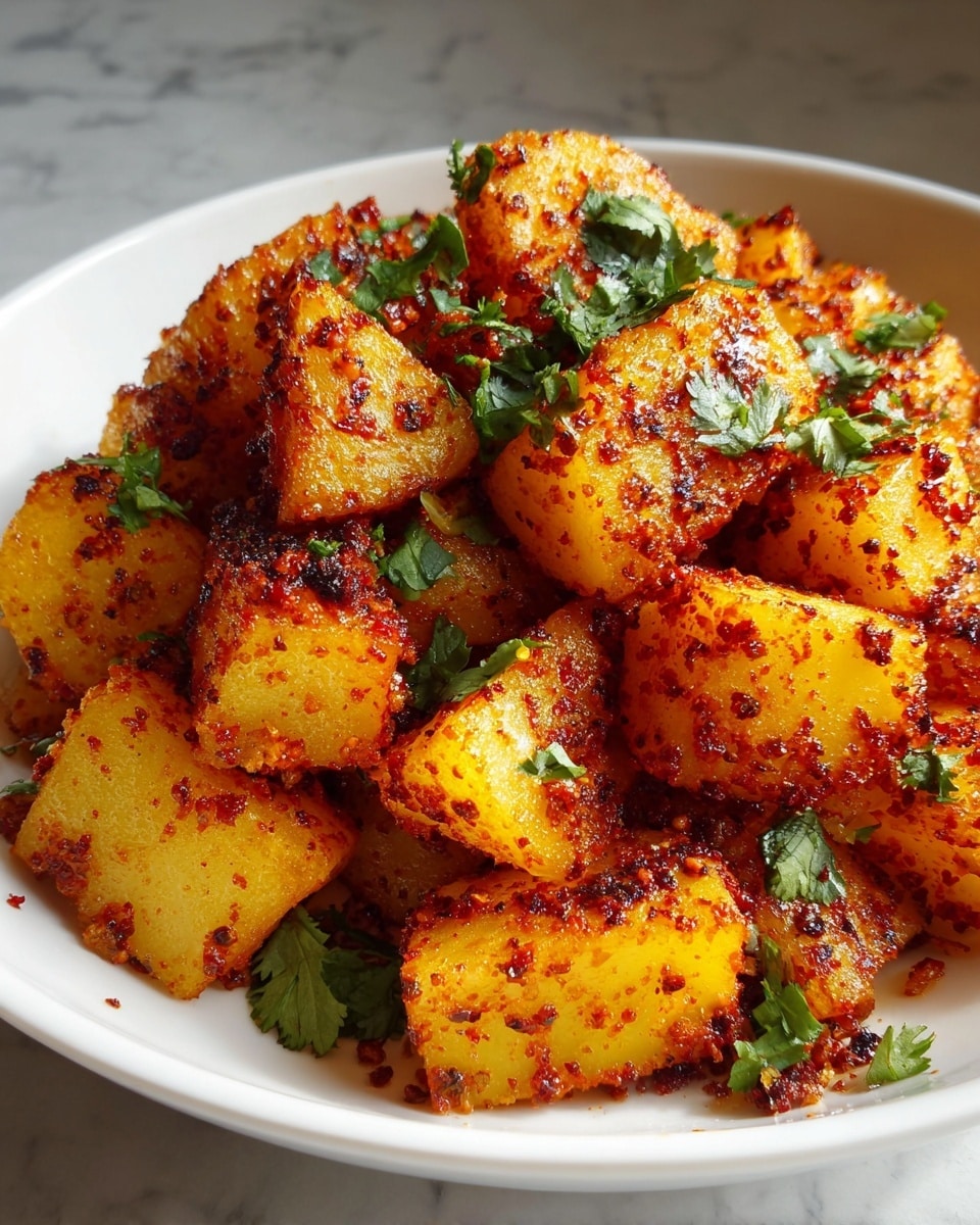 A close-up view of a pile of golden yellow potato cubes coated with a deep red spicy seasoning sitting in a white bowl. The potatoes have a crispy, crunchy texture with some charred spots and are sprinkled with fresh green chopped cilantro leaves on top. The image captures the details of the seasoning granules stuck on the potato pieces, and the light makes them glisten. The background shows a white marbled texture with soft light casting mild shadows. photo taken with an iphone --ar 4:5 --v 7