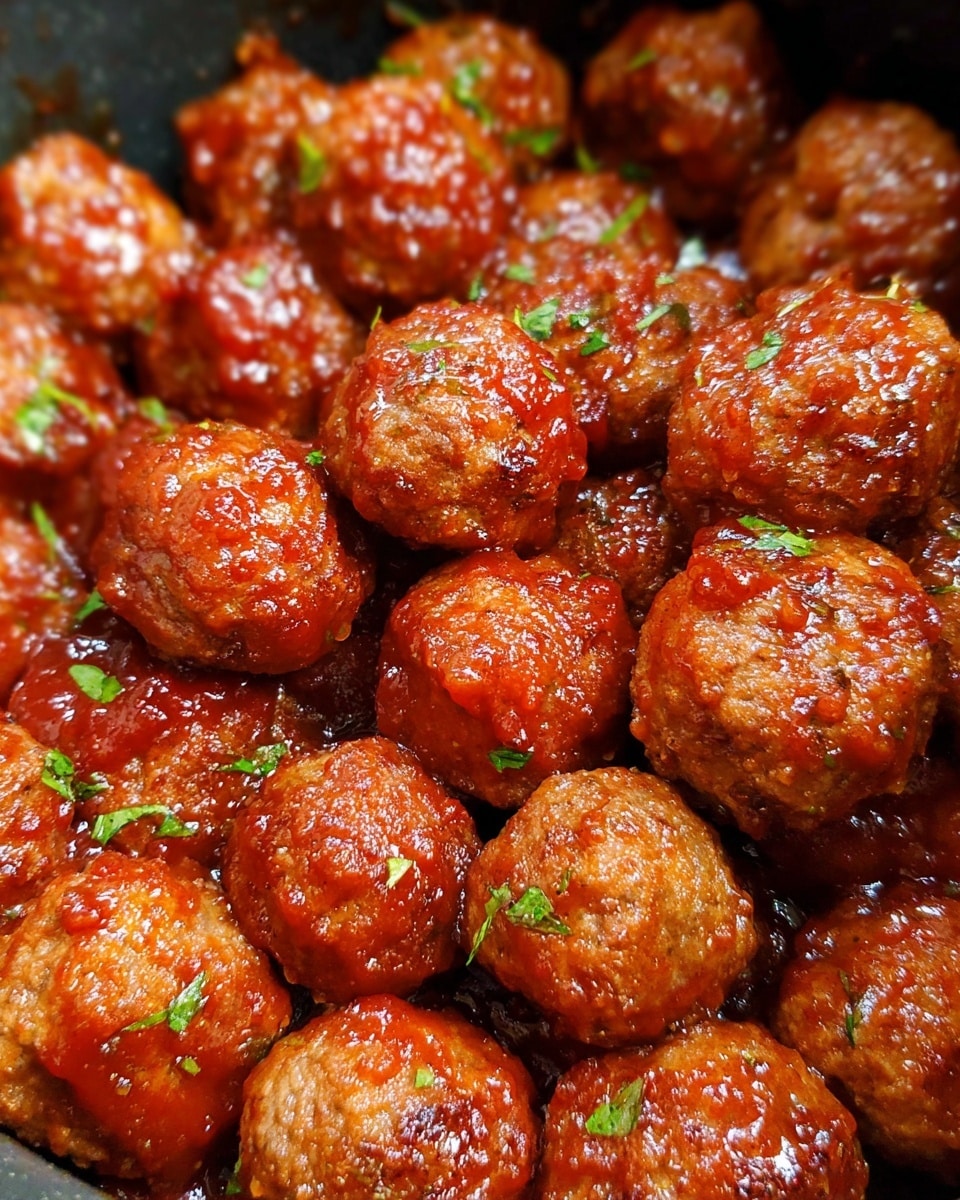 The image shows a large group of small meatballs covered in a shiny, sticky red sauce, piled together in a dark cooking pot. The meatballs are round and browned with a slightly rough texture, and they are sprinkled lightly with small green herb pieces for color contrast. The sauce makes the meatballs look glossy and moist, catching the light. The background around the pot is a white marbled texture. photo taken with an iphone --ar 4:5 --v 7