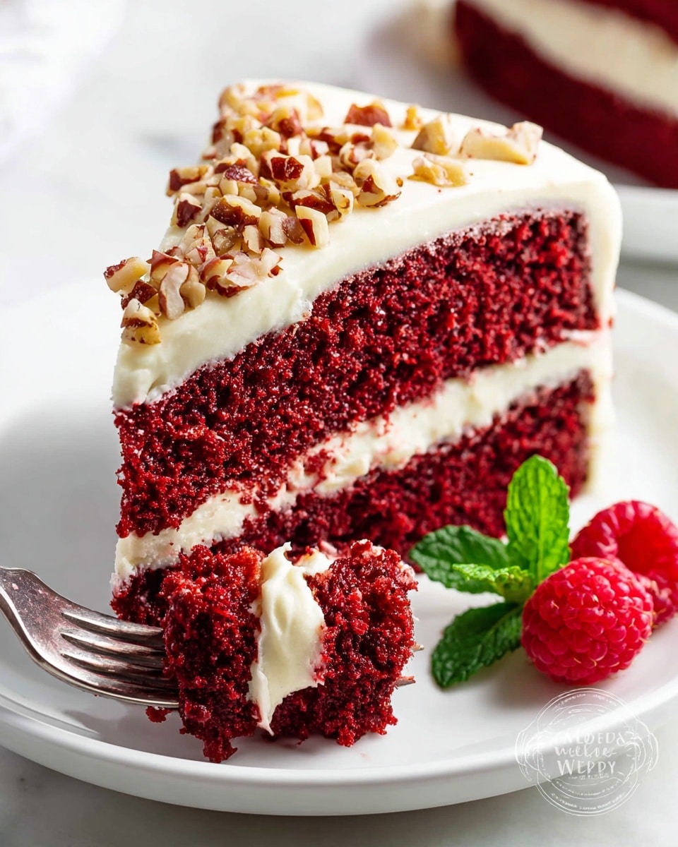 A slice of two-layer red velvet cake sits on a white plate with a white marbled background, each layer deep red with a moist texture, separated by a smooth, creamy white frosting. The top layer of frosting is thick and creamy, sprinkled with small pieces of chopped nuts. A silver fork in the foreground holds a bite-sized piece of the cake coated with the creamy frosting. Two fresh red raspberries and a green mint leaf rest beside the cake, adding bright colors to the scene. photo taken with an iphone --ar 4:5 --v 7