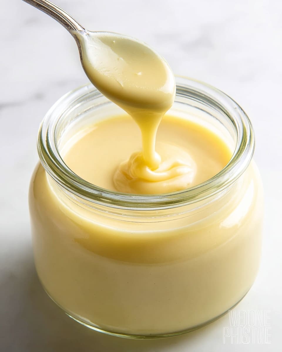 A glass jar filled with smooth, pale yellow condensed milk is shown with a close-up of a spoon lifting some of the thick, creamy liquid. The condensed milk has a shiny, silky texture that slowly drips from the spoon back into the jar. The jar sits on a white marbled surface, creating a clean and bright scene. photo taken with an iphone --ar 4:5 --v 7
