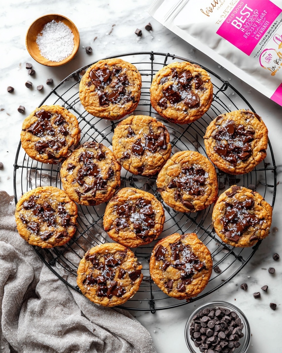 A white marbled surface holds a black round wire cooling rack filled with twelve round, golden-brown cookies topped with melted, dark chocolate chips and sprinkled with coarse sea salt. Each cookie is thick and slightly crispy around the edges with a soft center, showing a textured and slightly cracked surface. On the top right, a white bag with pink and black writing is partially visible, and on the top left, a small wooden bowl filled with coarse sea salt is placed. A small clear bowl with dark chocolate chips sits near the bottom right, and a soft gray cloth is crumpled on the bottom left of the image. The overall scene is bright and clean with the cookies as the main focus. photo taken with an iphone --ar 4:5 --v 7