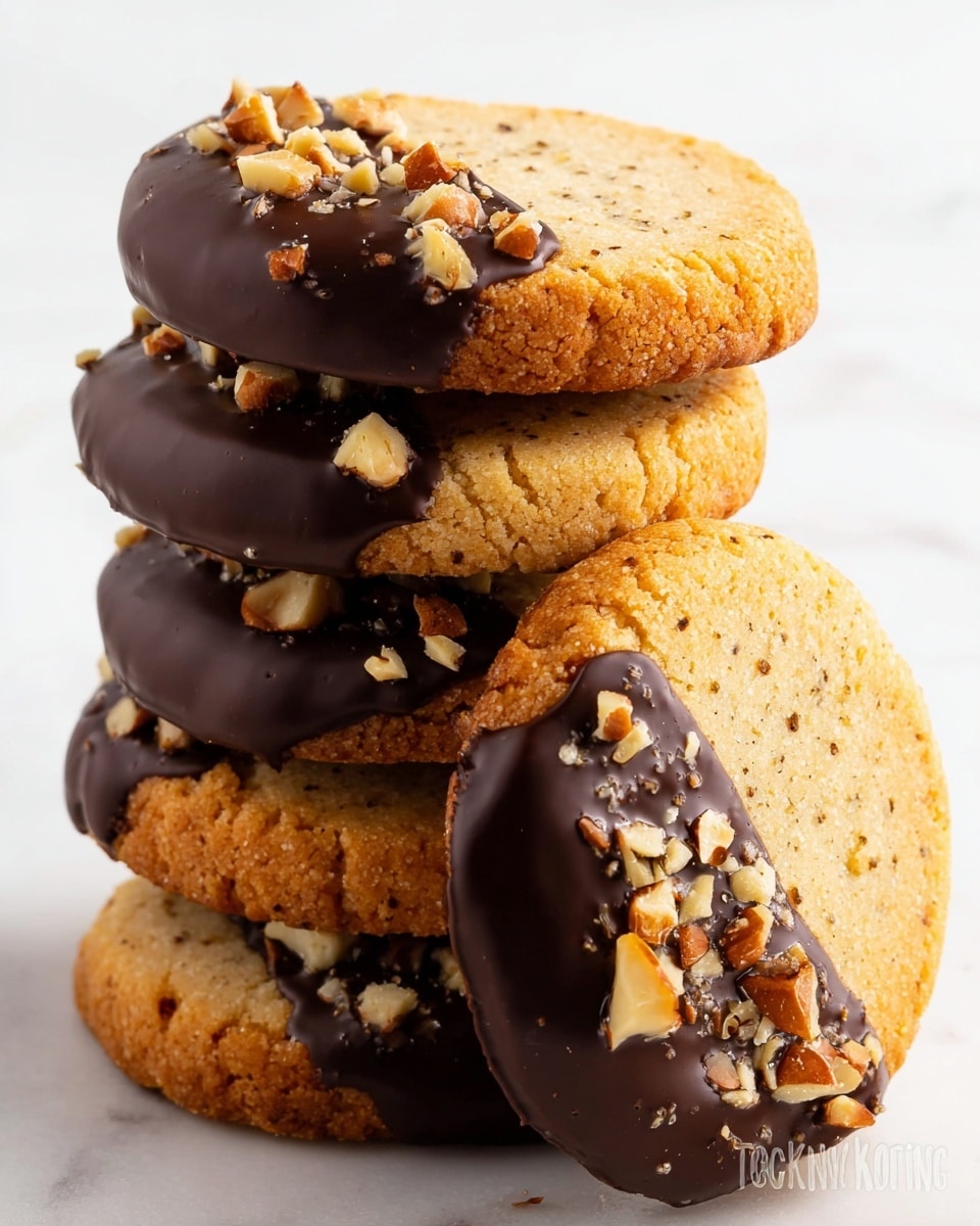 A stack of five round, light golden brown cookies with a slightly crumbly texture is shown on a white marbled surface. Each cookie is dipped halfway on one side in dark, glossy chocolate and sprinkled with small, irregular pieces of light brown nuts. The cookies are piled unevenly, with the bottom one laying flat and the others slightly tilted, showing the contrast between the smooth chocolate topping and the cracked cookie base. The front cookie leans against the stack, displaying its detailed nut topping and the porous texture of the baked cookie. photo taken with an iphone --ar 4:5 --v 7