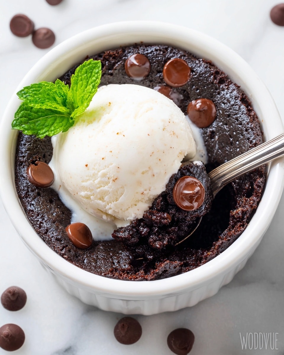The image shows a white ramekin filled with a dark, moist, and bubbly chocolate lava cake as the base layer. Scattered on top and around the edges are glossy, melted chocolate chips that add small shiny spots. On top of the cake sits a single round scoop of creamy vanilla ice cream with a smooth texture and tiny specks of vanilla. Next to the ice cream, there is a bright green mint leaf garnish, adding a fresh color contrast. A silver spoon rests inside the ramekin, partially scooping the cake, showing the dense texture. The entire dish is placed on a white marbled surface with scattered chocolate chips around. Photo taken with an iphone --ar 4:5 --v 7