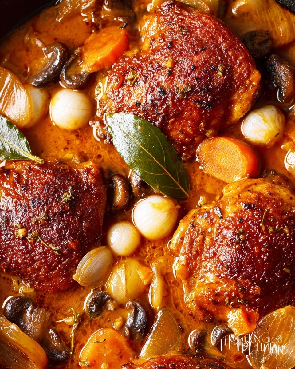 The image shows a close-up view of three browned chicken thighs with a crispy texture and deep reddish-brown color, surrounded by a rich orange sauce. Scattered around the chicken pieces are small white pearl onions and chunky orange carrot pieces. There are also sliced mushrooms with a dark brown color and a few bay leaves peeking through the sauce, adding a greenish touch. The sauce glistens, coating the chicken and vegetables evenly and giving a moist, hearty appearance. photo taken with an iphone --ar 4:5 --v 7