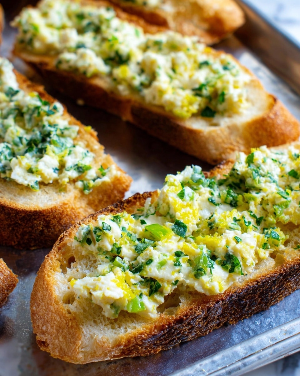 The image shows a close-up of toasted bread slices topped with a creamy, chunky spread. Each slice has a golden-brown crust with a rough, crunchy texture on the outside and a soft inside. The topping is a mix of pale yellow and white, with visible pieces of bright green herbs and small yellow bits, spread thickly across the top of the bread. The bread slices are placed on a metal tray, and the background is a white marbled texture. photo taken with an iphone --ar 4:5 --v 7