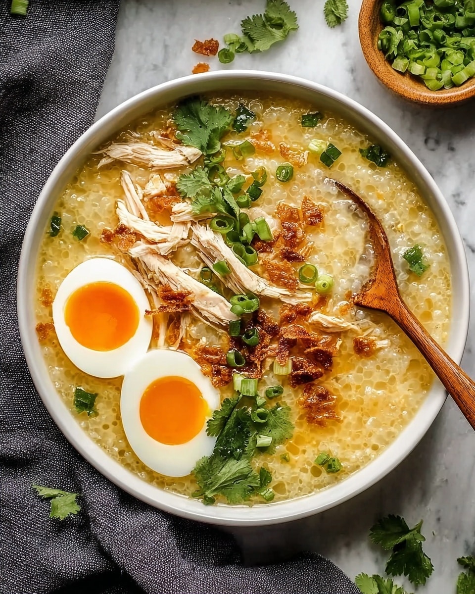 A white bowl filled with a light yellow porridge-like soup, textured with small bubbles and soft grains. On top, there are two halves of a soft-boiled egg with bright orange yolks and firm white edges, positioned near the bottom left. Shredded white chicken pieces are layered in the center, sprinkled with crispy brown bits. Fresh green cilantro leaves and chopped green onions are scattered around the edges, adding a touch of bright green. A wooden spoon rests on the right side, partially dipped into the soup. The bowl sits on a white marbled surface with a dark grey cloth underneath. photo taken with an iphone --ar 4:5 --v 7