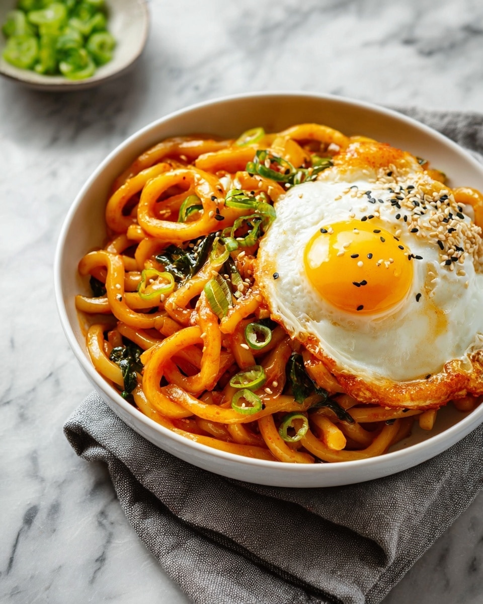 A white bowl filled with thick, slightly glossy udon noodles coated in a reddish-orange sauce with visible small green leafy vegetables and sliced green onions mixed throughout. On top, placed on the right side, is a sunny-side-up fried egg with a bright yellow yolk and white edges that are crisp and brown in places, sprinkled with a few black and white sesame seeds. The bowl is set on a white marbled surface with a gray cloth napkin nearby, and a small bowl of chopped green vegetables is partially visible in the background. Photo taken with an iphone --ar 4:5 --v 7