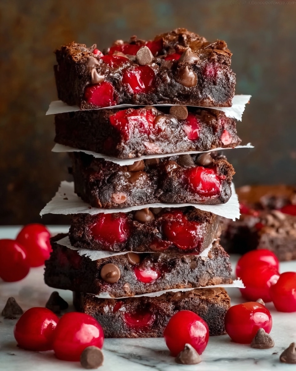 A tall stack of six thick, square brownies, each separated by a thin white parchment paper layer. The brownies are dark brown, filled with bright red cherries and small melted chocolate chips scattered on and inside each piece, giving a glossy, slightly sticky look. Around the bottom of the stack are more shiny red cherries and some loose chocolate chips, all set on a white marbled surface with a blurred dark brown background. Photo taken with an iphone --ar 4:5 --v 7