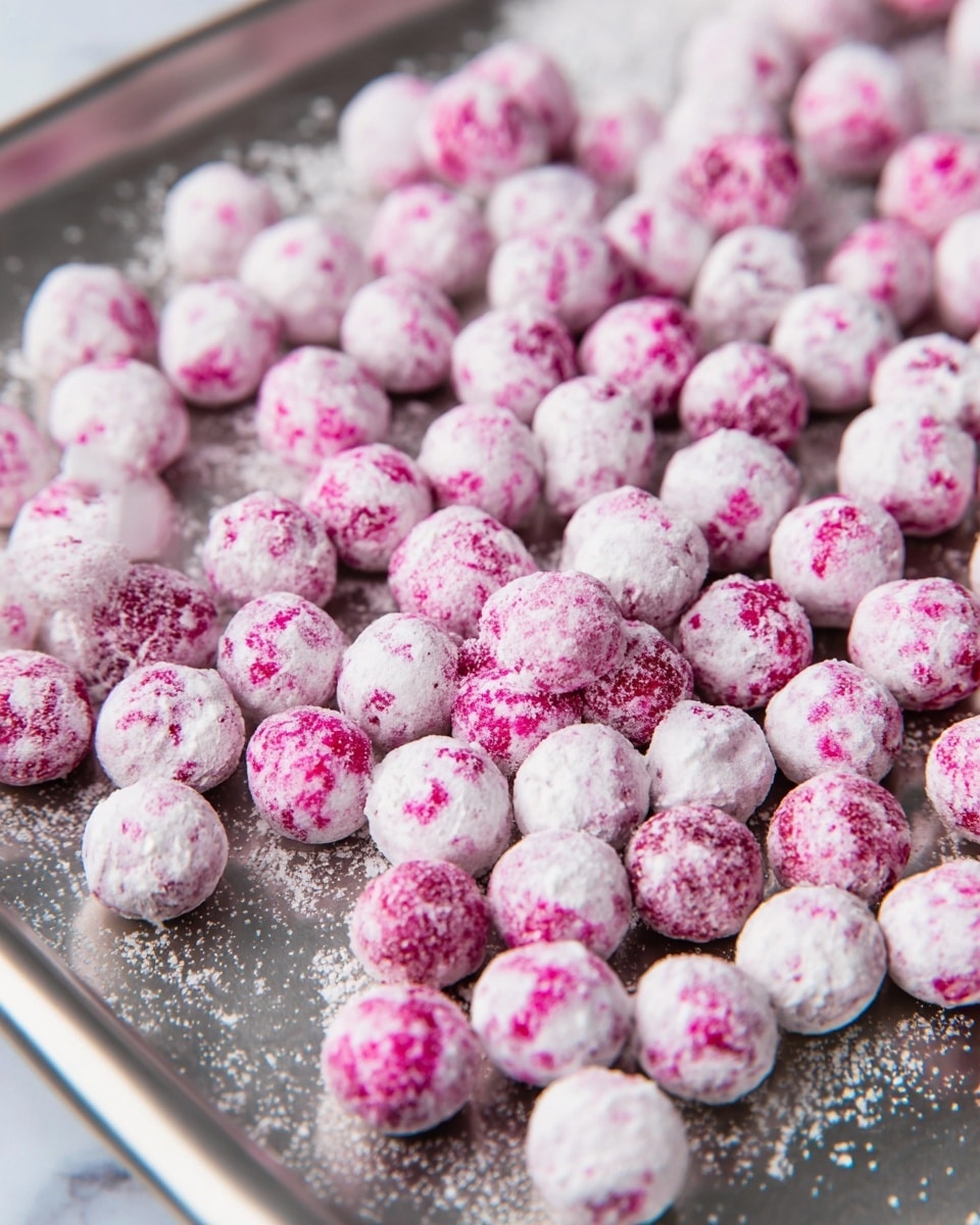 The image shows many small round candies covered in powdered sugar spread across a shiny metal tray. The candies have a mostly white coating with bright pink spots peeking through, giving a textured look. Some powder sugar is scattered around, adding a light dusting effect. The tray reflects light softly, contrasting with the powdery texture of the candies. The background features a softly lit white marbled surface. photo taken with an iphone --ar 4:5 --v 7