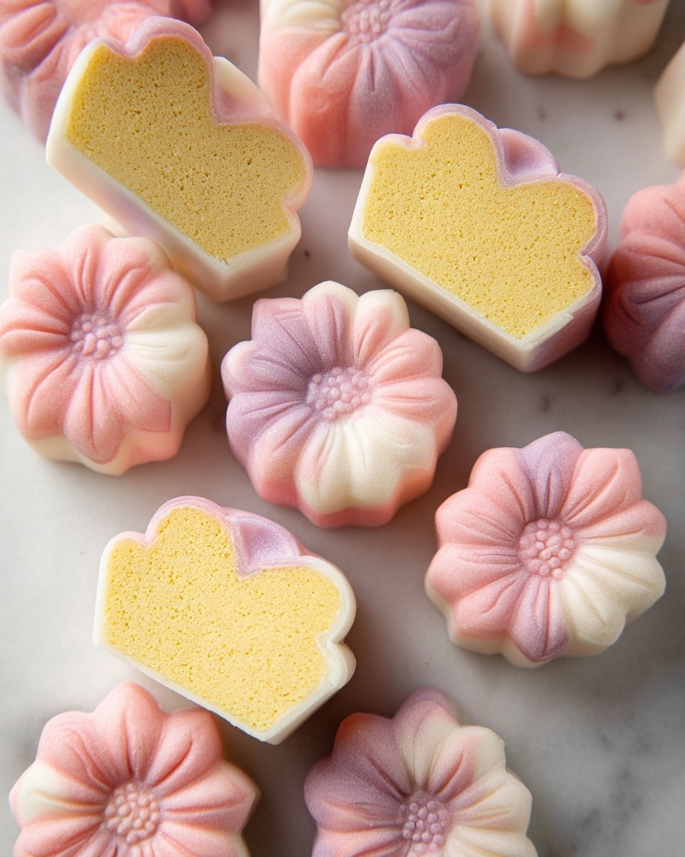 The image shows several flower-shaped sweets arranged on a smooth white marbled surface. Each sweet has two main layers: the outer layer is a soft, pastel blend of pink and white molded into petal shapes with a textured center, giving a delicate and detailed floral appearance. Inside, the cross-section reveals a solid, crumbly yellow filling that contrasts with the smooth outer layer. The sweets are presented in various positions, with some whole and some cut in half, showing the two-layer structure clearly. Photo taken with an iphone --ar 4:5 --v 7