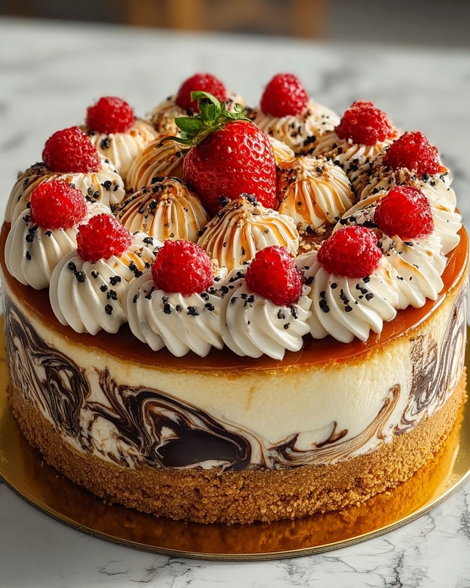 This is a round cake with three visible layers. The bottom layer is a thick, crumbly, golden-brown crust. The middle layer is creamy white cheesecake with dark chocolate swirls creating a marbled effect all around. On top is a smooth, caramelized glaze with a lightly burnt golden-brown shine. The top is decorated with many thick swirls of white whipped cream, each topped with bright red raspberries. Some of the whipped cream swirls are sprinkled with small black seeds. In the center, there is a halved strawberry with its green leaves. The cake is placed on a shiny golden base on a white marbled surface. Photo taken with an iphone --ar 4:5 --v 7