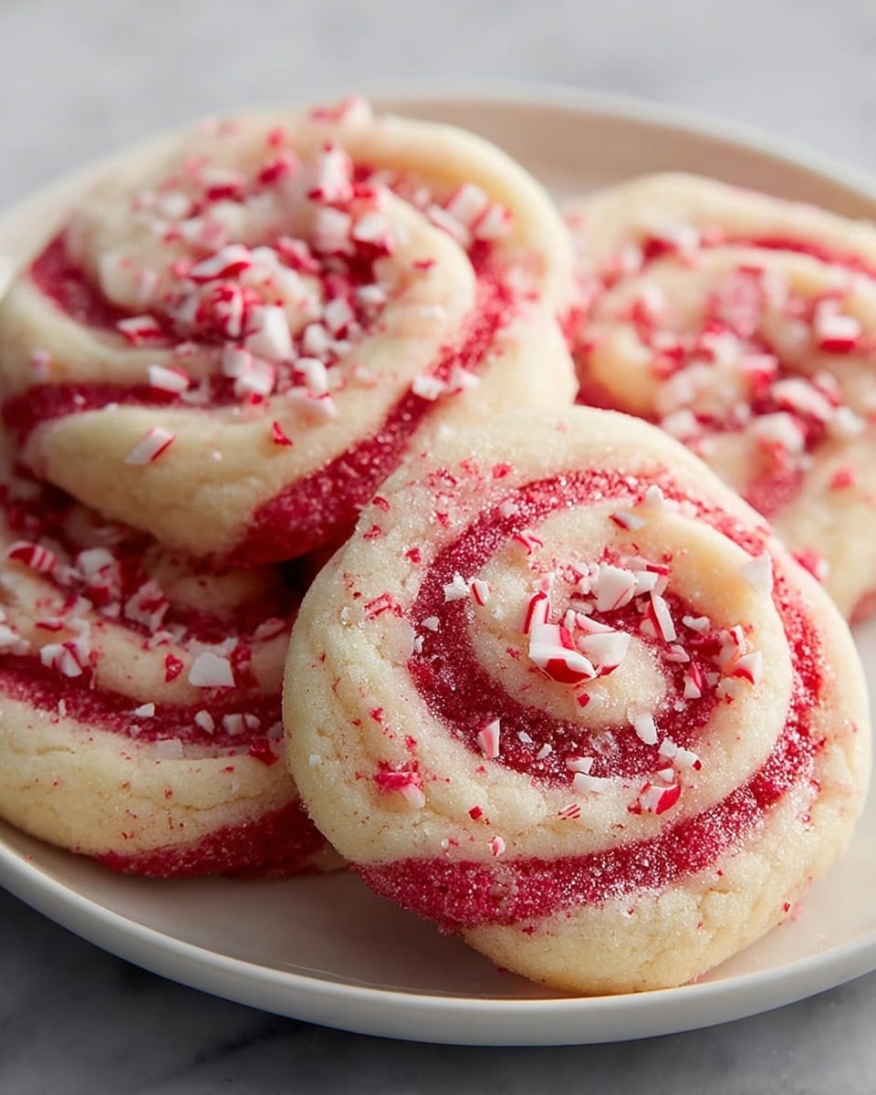 The image shows a close-up of four round, swirled cookies on a white plate, placed on a white marbled surface. Each cookie has two layers twisted together: a creamy off-white dough and a bright red dough, creating a peppermint swirl pattern. The cookies are topped with crushed pieces of red and white peppermint candy, adding a textured sprinkle effect across the swirls. The surface of the cookies looks slightly soft with a fine sugary coating. photo taken with an iphone --ar 4:5 --v 7