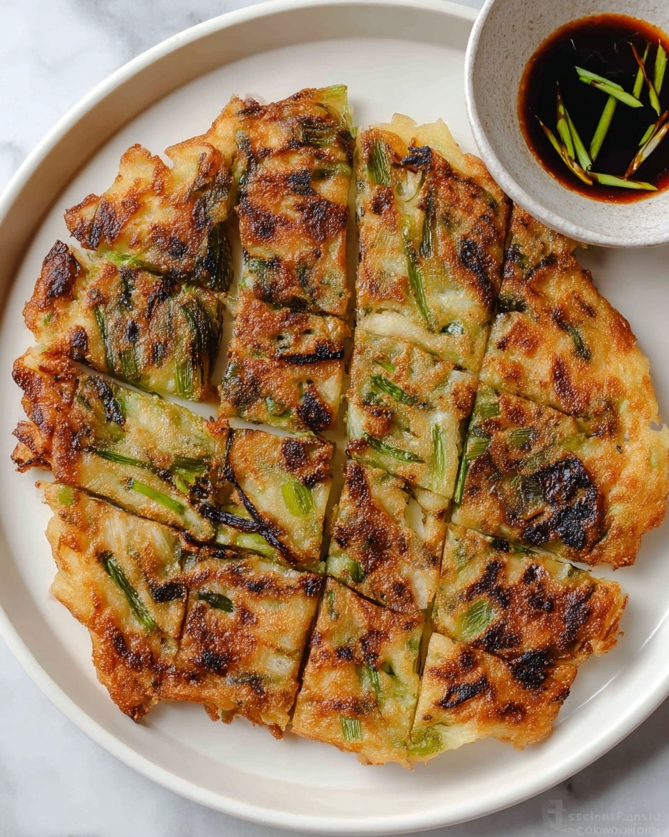 A round Korean pancake cut into nine uneven square pieces, with a golden brown crispy texture and darker charred spots scattered across the surface. The pancake has visible green scallions embedded throughout, showing different shades of green with some caramelized edges. It is placed on a simple white plate, with a bowl of dark dipping sauce with floating scallions visible in the top right corner. The background is a white marbled texture. photo taken with an iphone --ar 4:5 --v 7