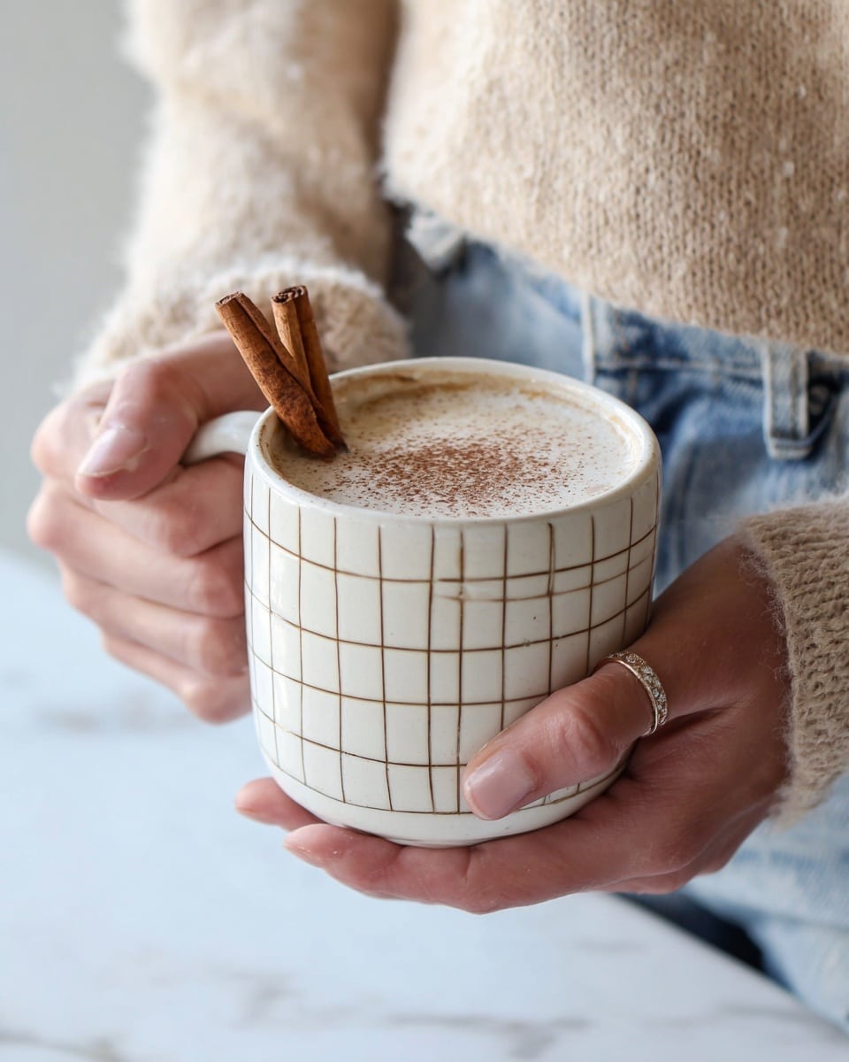 A creamy light brown drink fills a white ceramic mug with a grid pattern made of thin brown lines. The drink surface is smooth with a dusting of dark brown powder, and two small cinnamon sticks stand upright near the edge. A woman’s hands gently hold the mug, showing skin details and a silver ring on one finger. The person is wearing a soft beige sweater and light blue jeans. The background is softly blurred with a white marbled texture visible below. photo taken with an iphone --ar 4:5 --v 7