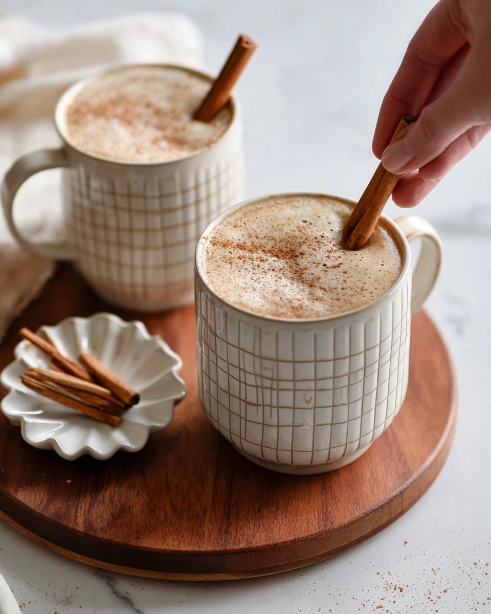 Two mugs filled with creamy light brown frothy coffee sit on a round wooden board against a white marbled background. Each mug has a white base with a light brown checkered grid pattern. The coffee inside each mug is topped with a sprinkling of cinnamon powder. A cinnamon stick is placed vertically in the second mug, while a woman's hand is dipping a cinnamon stick into the frothy coffee of the first mug. Next to the mugs is a small white shell-shaped dish with extra cinnamon sticks. photo taken with an iphone --ar 4:5 --v 7
