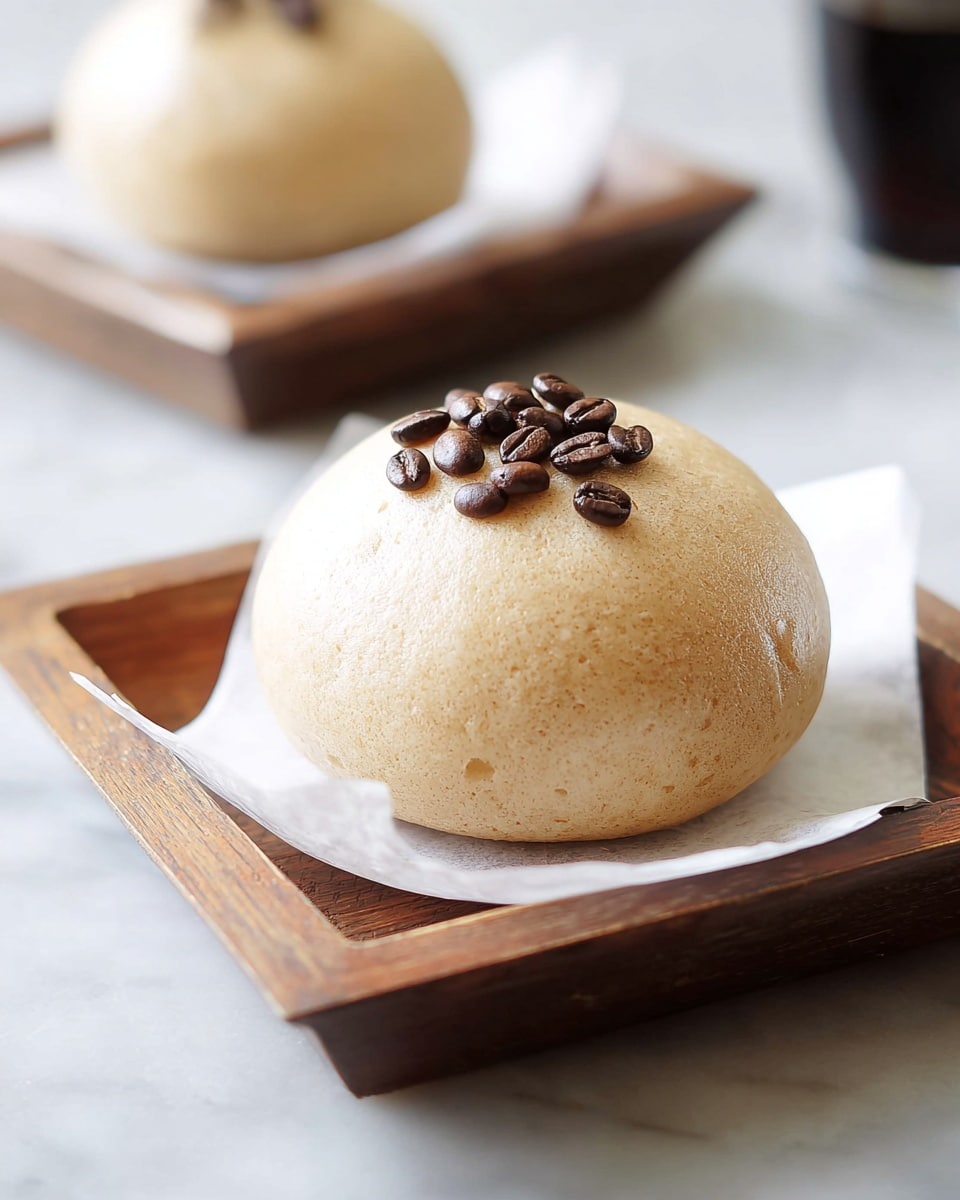 A soft, round, light brown steamed bun sits on a small piece of white paper on a white wooden square plate with a warm, natural texture. The top of the bun is smooth with a few scattered dark brown coffee beans adding a textured contrast. The plate rests on a white marbled surface, and a second bun on another plate is blurred in the background. photo taken with an iphone --ar 4:5 --v 7