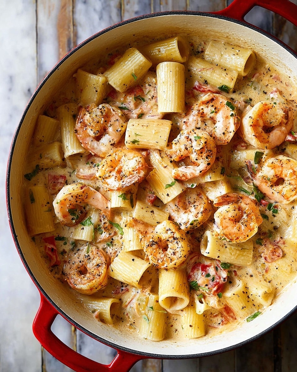 A close-up view of a creamy shrimp pasta dish in a white pot with red handles sitting on a white marbled texture. The dish has three main layers: large rigatoni pasta shaped like short tubes colored pale yellow with a smooth texture, tender shrimp cooked to a pink-orange with some black pepper sprinkled on them, and a creamy sauce with a light beige color that coats the pasta and shrimp, speckled with bits of red tomato and green herbs. The sauce pools slightly at the bottom, blending everything together with steam still visible, giving a fresh cooked look. photo taken with an iphone --ar 4:5 --v 7