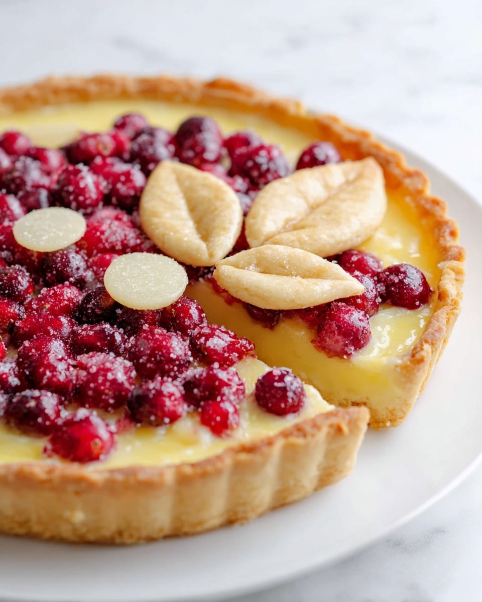 The image shows a tart with three clear layers: the bottom layer is smooth, pale yellow custard filling; the middle layer is a bumpy mix of bright red cranberries, some slightly shiny, spread evenly on top of the custard; and the top layer consists of light golden brown dough shaped like two leaves and three small round discs placed near the edge of the tart. The tart crust around the edge is golden and slightly flaky. It is presented on a white plate set on a white marbled surface. Photo taken with an iphone --ar 4:5 --v 7