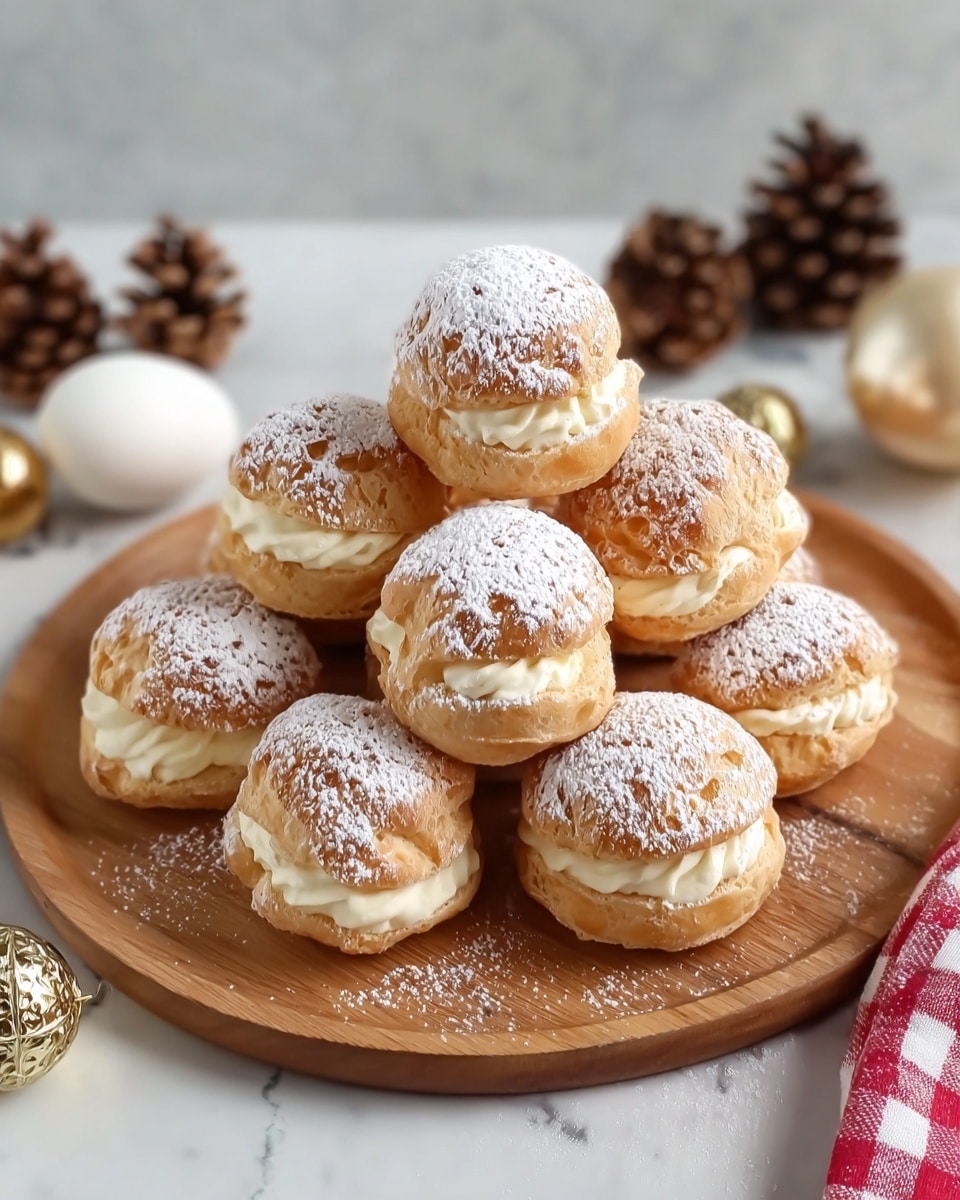 A round wooden board holds a pile of ten cream puffs arranged in three layers, with some on top of others. Each cream puff has a golden brown choux pastry shell that is round and slightly uneven in texture on the outside. The middle layer of each is filled with soft, pale cream that peeks out between the top and bottom pastry halves. The top of each puff is dusted with a fine layer of white powdered sugar, giving a light, snowy effect. The board sits on a white marbled surface, with pinecones, a cream egg, a gold ornament, and a red and white checkered cloth placed around it softly blurred in the background. Photo taken with an iphone --ar 4:5 --v 7