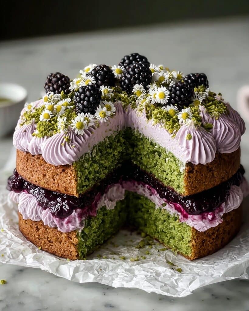 Pistachio and Blackberry Olive Oil Cake with Salted Blackberry Thyme Buttercream Recipe