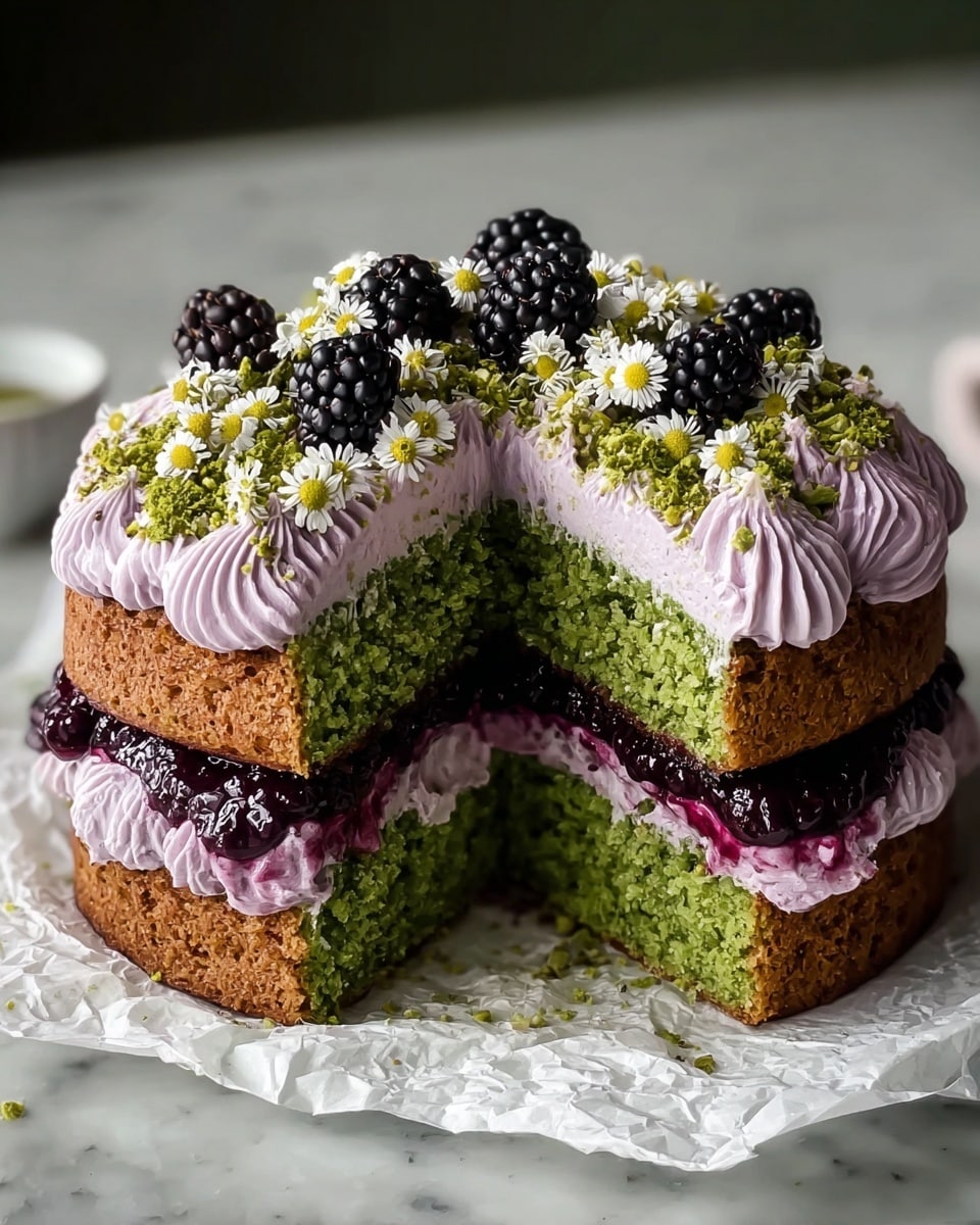 A two-layer green cake with a thick spread of dark purple berry jam and light purple cream between the layers, topped with swirls of light purple cream. On top, there are whole blackberries, crushed green nuts, and small white flowers scattered evenly. The inside of the cake shows a moist, textured green sponge, with the cake resting on crumpled white parchment paper placed on a white marbled surface. photo taken with an iphone --ar 4:5 --v 7
