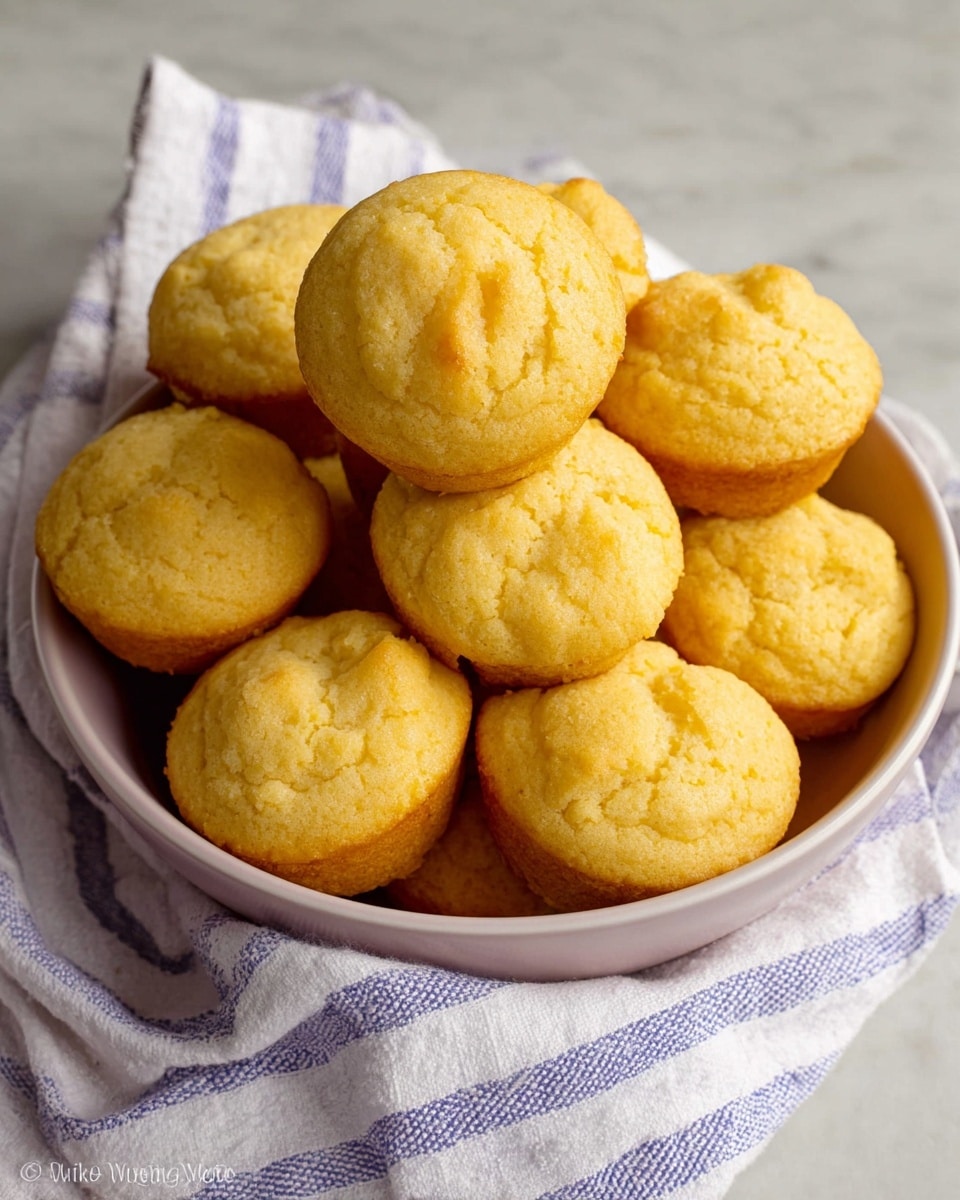 A close-up view of a bowl filled with about eight golden-yellow cornbread muffins. Each muffin has a slightly rough texture with small cracks on top, showing a soft, fluffy interior. The muffins are piled up in a deep white bowl with a smooth, shiny surface. The background is softly blurred with white marbled texture visible below the bowl. Photo taken with an iphone --ar 4:5 --v 7