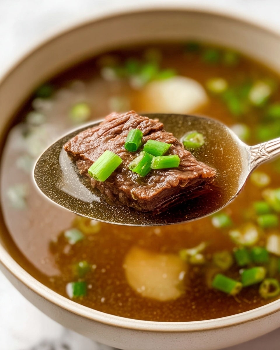 A close-up image of a silver spoon holding a piece of brown beef with a soft, textured surface, topped with small bright green onion pieces. The spoon is above a bowl filled with clear brown broth, scattered with more green onion pieces and slices of light-colored vegetable, possibly potatoes. The bowl is white with a smooth rim, set on a white marbled surface. photo taken with an iphone --ar 4:5 --v 7