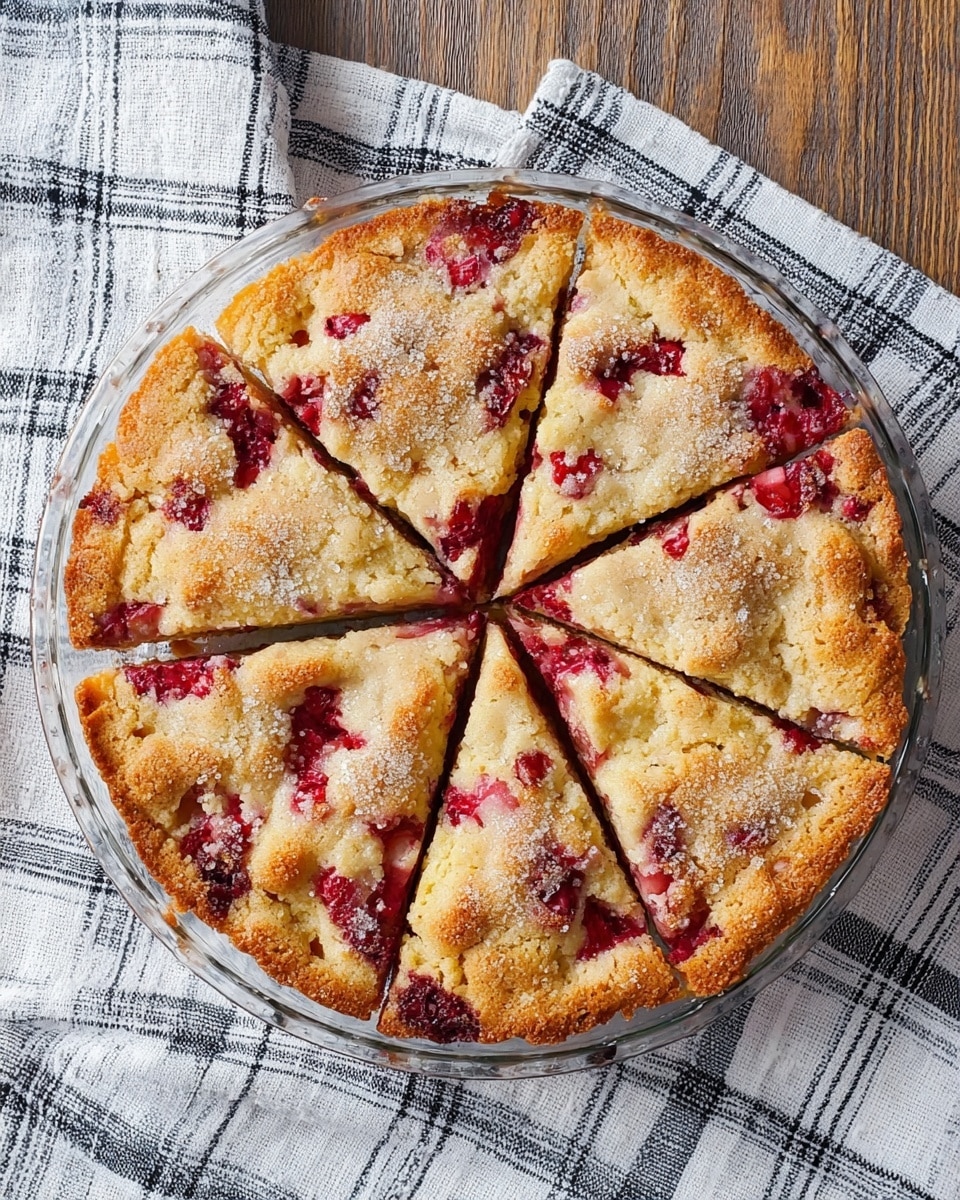 A round baked dessert in a clear glass pie dish, sliced into eight pieces. The top layer is golden brown with a crumbly texture, mixed with bright red spots of fruit that look soft and juicy. The dessert has a slightly cracked surface showing the baked fruit underneath. The dish sits on a white and blue checked cloth, which is placed on a wooden table. The background is replaced with a white marbled texture. photo taken with an iphone --ar 4:5 --v 7