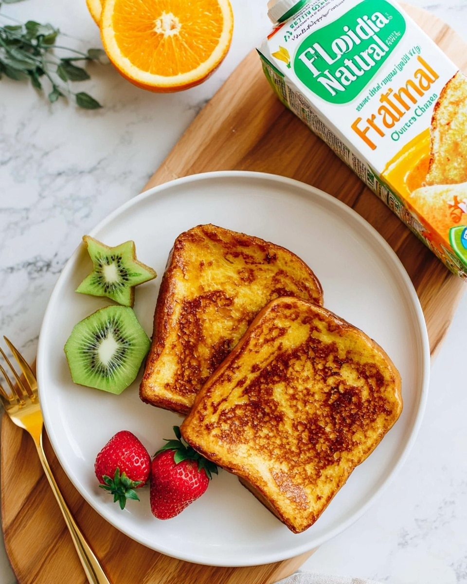 The image shows two slices of golden-brown French toast placed slightly overlapping on a white plate. On the left side of the plate, there are three sliced fruits: a green star-shaped kiwifruit and two red strawberries cut in half with green leaves attached. The plate is set on a wooden board over a white marbled surface. To the upper right, a carton of Florida's Natural orange juice is tilted with its green and white colors and orange logo visible. In the lower left corner, a woman's hand with a gold fork resting on the wooden board is partially visible. Nearby, a white plate holds sliced green kiwifruit and a halved orange. The whole scene is bright and clean. photo taken with an iphone --ar 4:5 --v 7