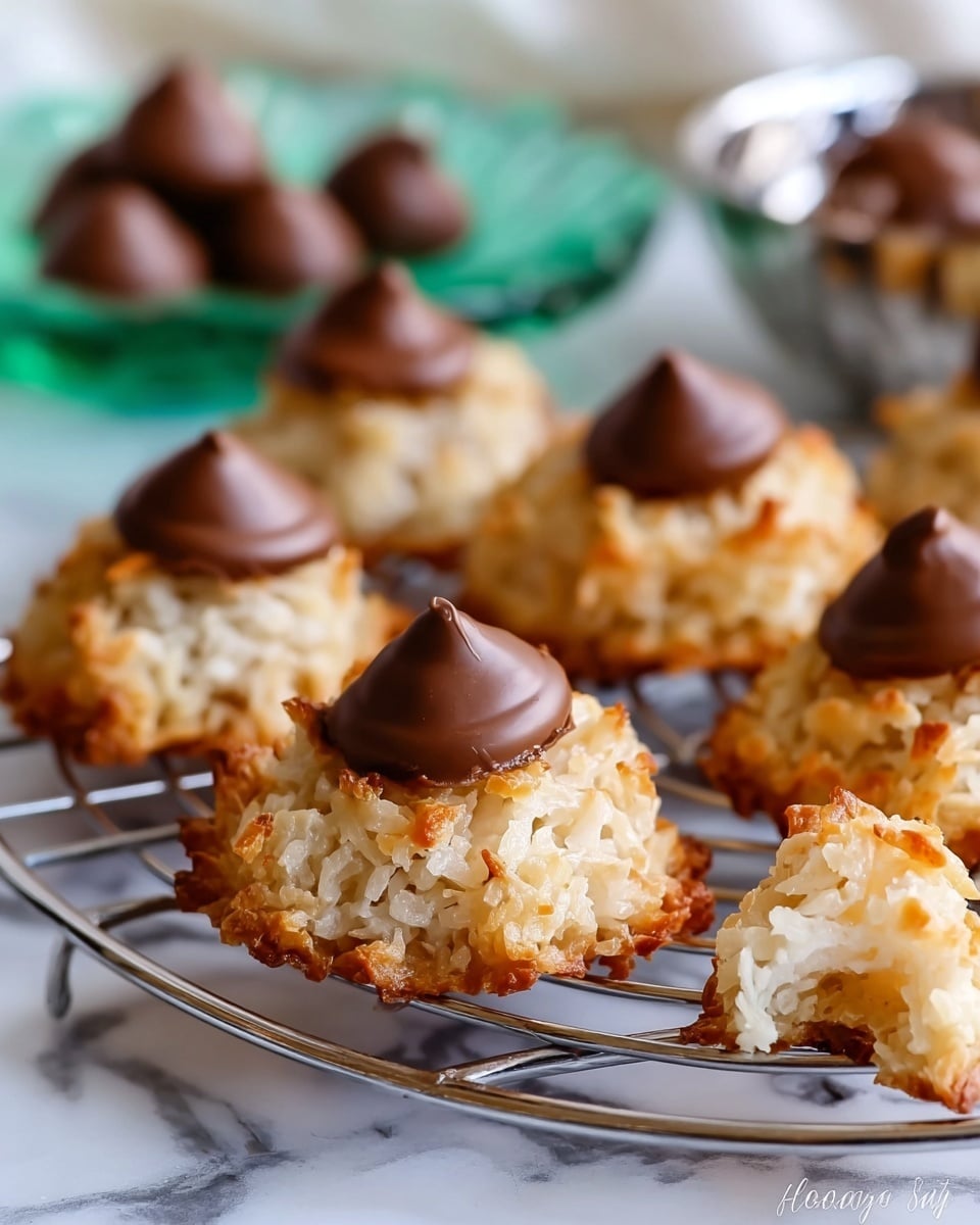 A close-up of several coconut macaroon cookies arranged on a metal cooling rack over a white marbled surface, each cookie shaped roughly round with a rough, textured outer layer of toasted golden and white coconut flakes. Each cookie has a large, smooth, dark brown chocolate kiss placed at the center, one with a bite taken out showing the soft, crumbly inside of the macaroon and the creamy chocolate core. In the background, a blurred green glass plate and a metallic silver bowl containing more chocolate kisses add soft pops of color. photo taken with an iphone --ar 4:5 --v 7