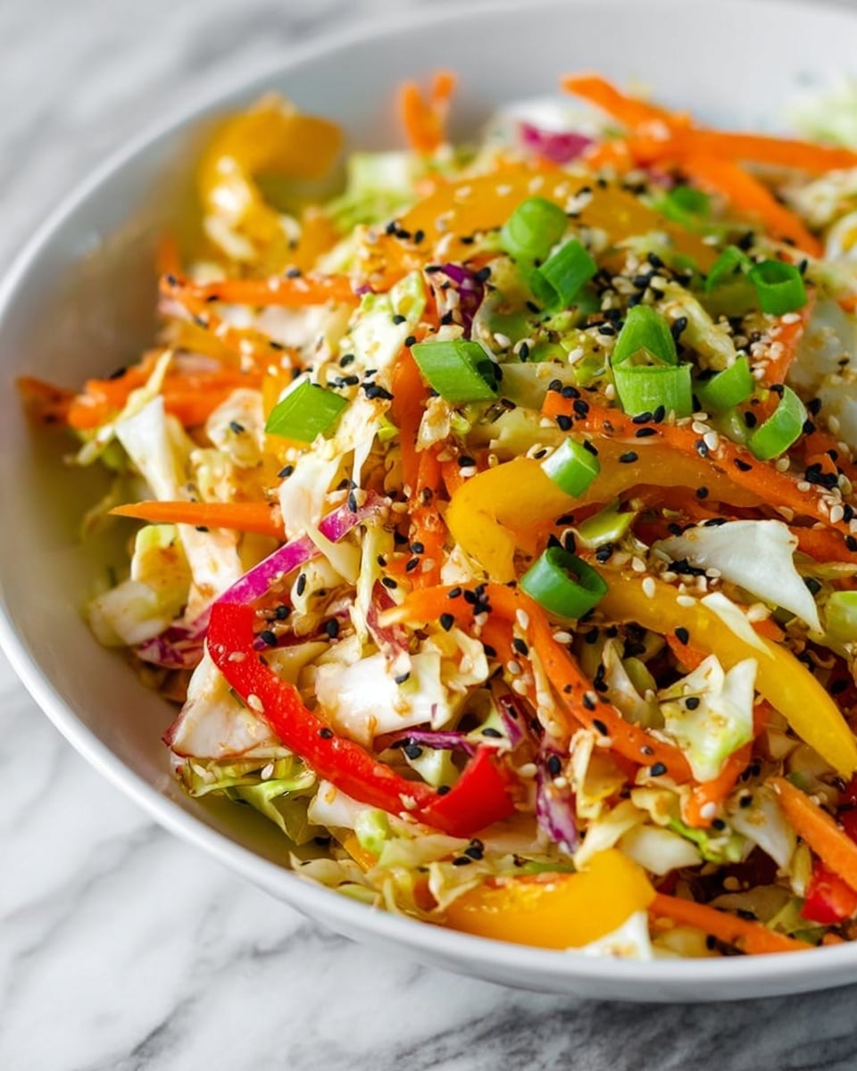 A close-up of a white bowl filled with a colorful mixed vegetable salad layered with shredded light green cabbage as the base, thin strips of bright orange carrots scattered throughout, and strips of yellow and red bell peppers adding pops of color. On top, there are sliced green onions sprinkled all over, along with black sesame seeds for texture. The bowl sits on a white marbled surface. photo taken with an iphone --ar 4:5 --v 7