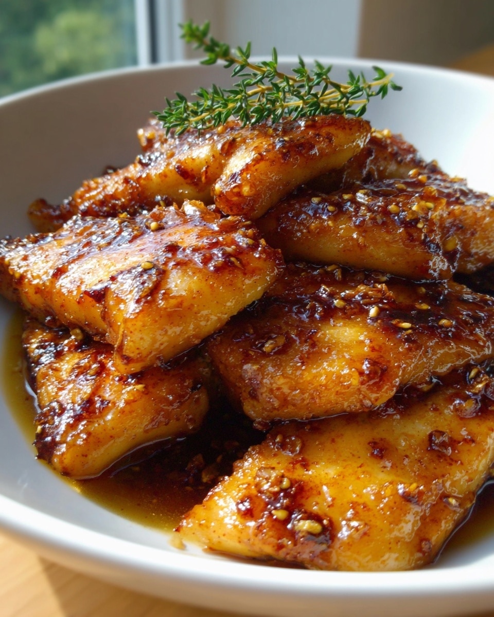 A white bowl filled with multiple pieces of golden-brown fish, each piece covered in a shiny, sticky glaze with visible small bits of caramelized garlic or onion on the surface. The fish pieces are layered on top of each other, some with a slightly crispy texture, and a sprig of fresh green thyme is placed on top as garnish. The background shows a soft light from a window, and the overall look is warm and appetizing with a rich sauce pooling at the bottom of the bowl. Photo taken with an iphone --ar 4:5 --v 7