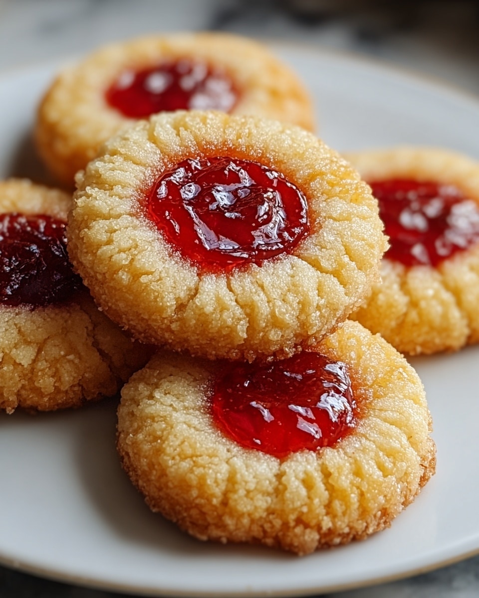 The image shows a white plate with five round thumbprint cookies stacked slightly on top of each other. Each cookie has a golden-brown, crumbly outer layer with a shiny, textured surface. In the center of each cookie, there is a bright red, glossy jam filling that catches the light, creating a jewel-like effect. The cookies are set on a white marbled surface that contrasts softly with the warm tones of the cookies. photo taken with an iphone --ar 4:5 --v 7
