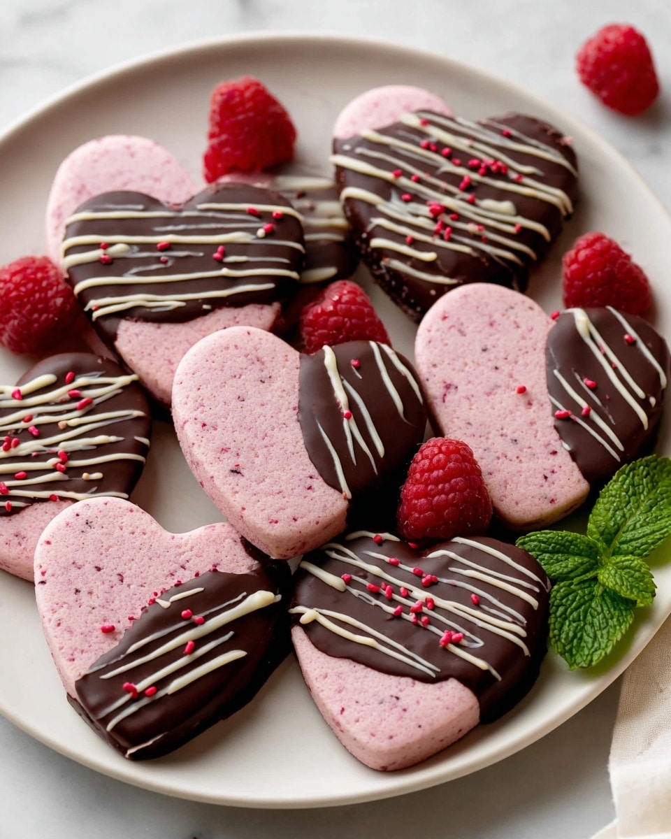 A white plate holds several heart-shaped cookies, each with two layers: the bottom layer is a smooth pink color with specks, and the top half layer is covered in dark chocolate with a slightly shiny texture. White chocolate is drizzled over the dark chocolate in thin, wavy lines, and a few red sprinkles are scattered on top. Fresh raspberries and green mint leaves are placed on the side as decoration, all set on a white marbled surface. photo taken with an iphone --ar 4:5 --v 7