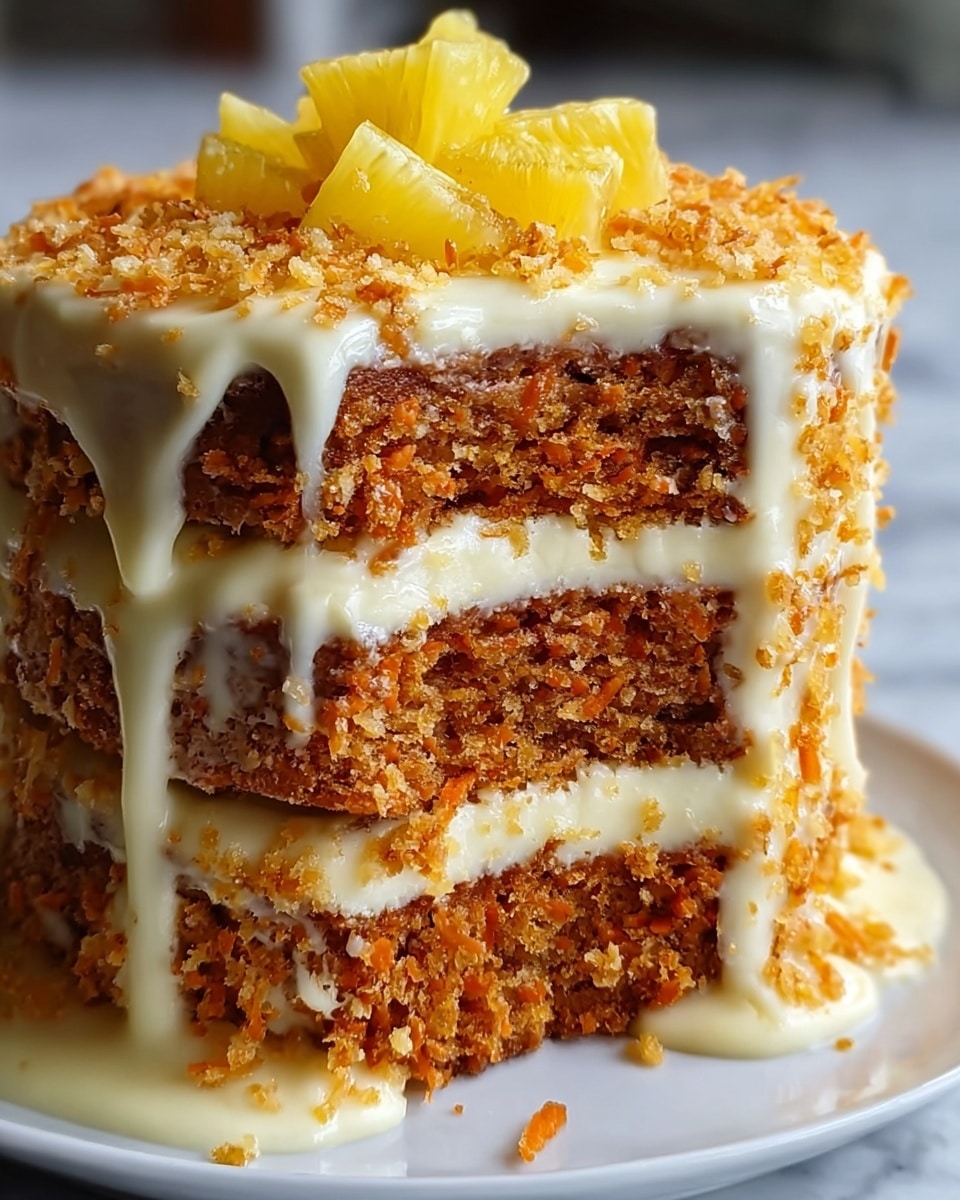 A close-up view of a tall three-layer carrot cake with each layer filled with thick white cream. The cake layers show a moist, crumbly orange-brown texture. White cream icing drips down the sides, pooling slightly at the base on a white plate. The top layer is covered with a smooth layer of cream, small crumbled cake bits, and a few pieces of yellowish pineapple chunks arranged in the center. The background is softly blurred with a white marbled texture beneath the plate. Photo taken with an iphone --ar 4:5 --v 7