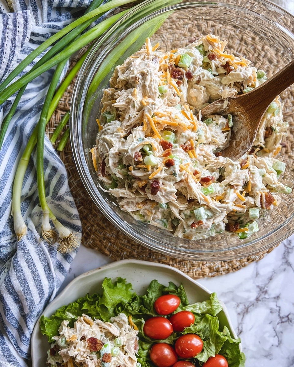 A large clear glass bowl holds a creamy salad with shredded white chicken, light green celery chunks, orange shredded cheese, and bits of brown bacon, all mixed in a light dressing, with a wooden spoon resting inside. Below the bowl, a white plate with mixed greens includes bright red grape tomatoes and a portion of the same creamy chicken salad on the side. The scene is set on a white marbled surface with a textured woven mat, fresh green onions tied together, and a blue-striped cloth nearby. Photo taken with an iphone --ar 4:5 --v 7