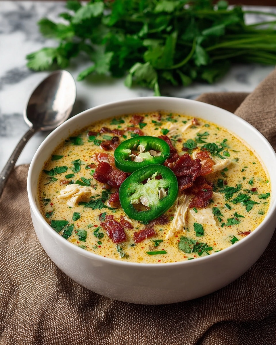 A white bowl filled with creamy light yellow soup with a smooth texture sits on a textured brown cloth over a white marbled surface. Inside the soup, there are visible pieces of shredded white chicken, crispy reddish-brown bacon bits, and several bright green jalapeño slices with seeds visible. The soup is speckled with finely chopped fresh green herbs scattered evenly across the top. In the background, a spoon lays on the cloth and a bunch of green leafy herbs rests on the white marbled surface. Photo taken with an iphone --ar 4:5 --v 7