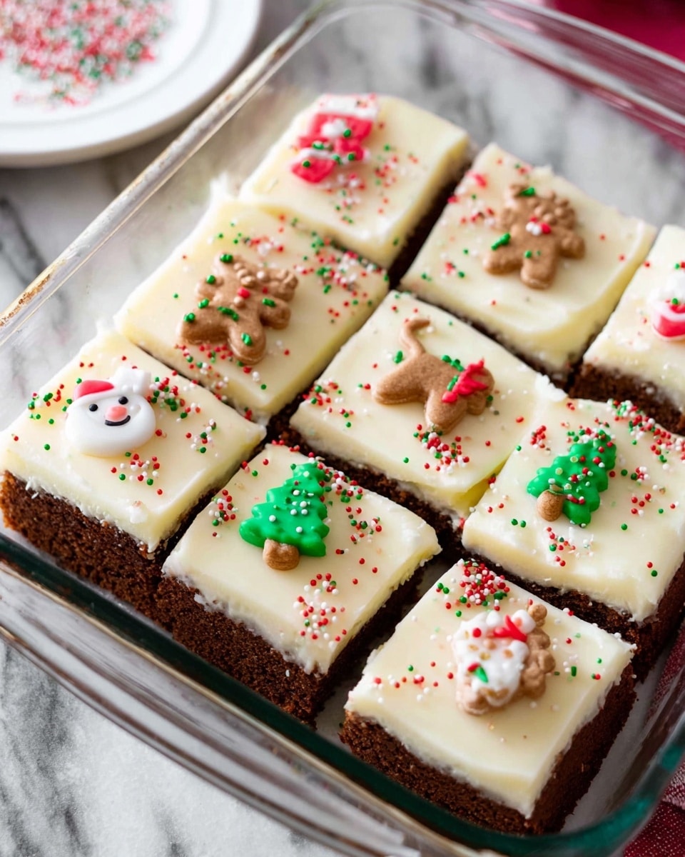 A clear glass baking dish holds nine square pieces of cake with two visible layers: a thick, dark brown base and a smooth, creamy white frosting layer on top. Each piece is decorated with small, colorful Christmas-themed sugar toppers including a reindeer, Santa face, green Christmas tree, and gingerbread man. The frosting is scattered with tiny red, green, and white round sprinkles enhancing the festive look. The dish sits on a surface with a white marbled texture, and in the background there is a white plate with a few sprinkles on it. photo taken with an iphone --ar 4:5 --v 7
