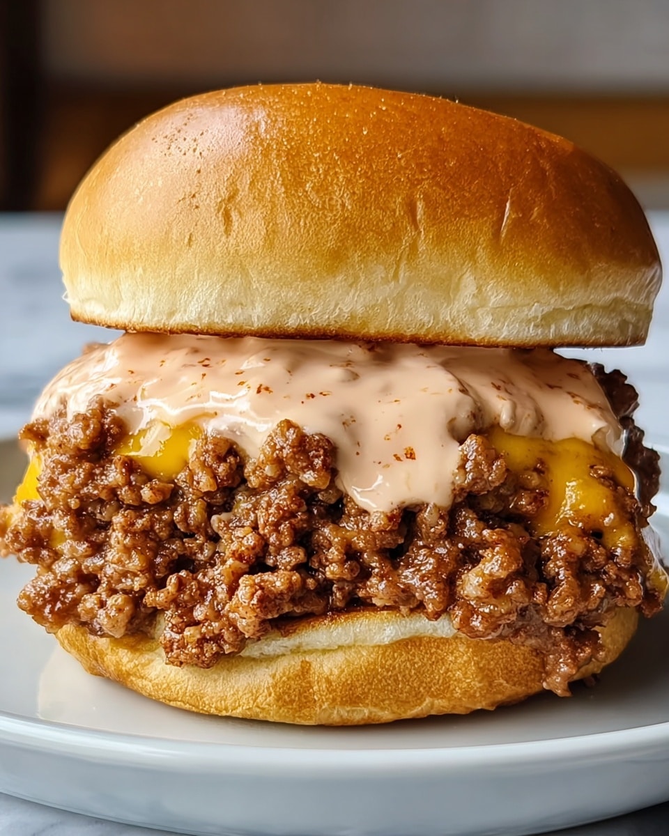 A close-up of a burger on a white plate set on a white marbled surface, showing three main layers: the top soft, golden-brown bun with a smooth texture; below it, a thick layer of moist, crumbled cooked ground meat mixed with melted yellow cheese, covered generously with creamy, slightly pink sauce with small spice flecks; and at the bottom, a slightly toasted soft white bun. photo taken with an iphone --ar 4:5 --v 7