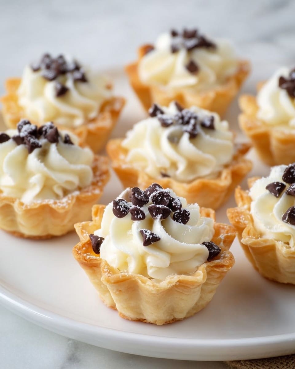 The image shows small tartlets arranged on a white plate with a white marbled texture background. Each tartlet has three visible layers: a golden-brown flaky crust with ruffled edges at the bottom, a smooth white creamy filling neatly piped in swirls in the middle, and topped with small dark chocolate chips sprinkled lightly with powdered sugar. The tartlets are evenly spaced, showing the soft texture of the cream and the crispness of the crust clearly. Photo taken with an iphone --ar 4:5 --v 7