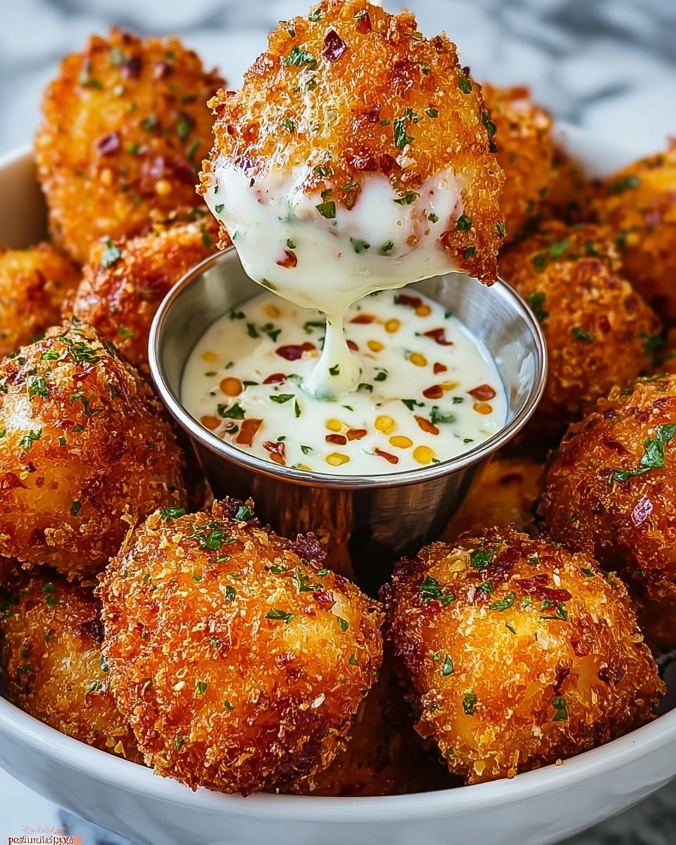 A white bowl filled with golden-brown crispy fried cheese bites, each piece covered with a light, crunchy coating sprinkled with small green herb bits. In the center of the bowl is a small silver cup holding creamy white dipping sauce with green herbs and red chili flakes mixed in, some sauce thickly coating a cheese bite held upright above the bowl. Extra sauce is shown dripped on a few other cheese bites, highlighting the creamy texture and the crispy crunchy contrast. The background has a white marbled texture. Photo taken with an iphone --ar 4:5 --v 7