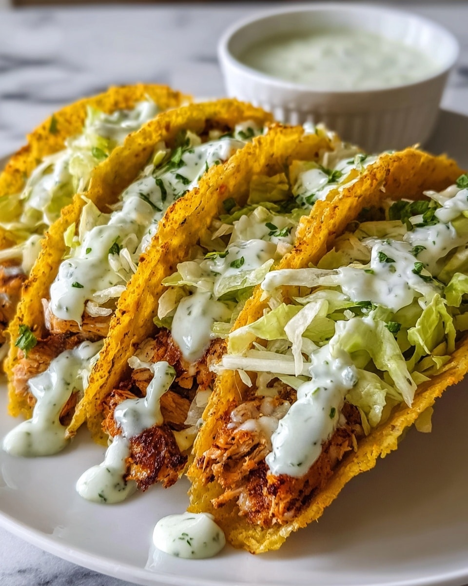 Three tacos lie side by side on a white plate with a white marbled surface in the background. Each taco has a crispy golden-yellow shell with a rough, crunchy texture. Inside, there is a bottom layer of browned, grilled chicken pieces with a slightly charred look. Above the chicken, shredded pale green lettuce adds a fresh layer. On top, a creamy, white sauce with green specks is drizzled generously, some of the sauce spilling onto the plate. In the background, a small white bowl filled with more of the same sauce is visible. Photo taken with an iphone --ar 4:5 --v 7