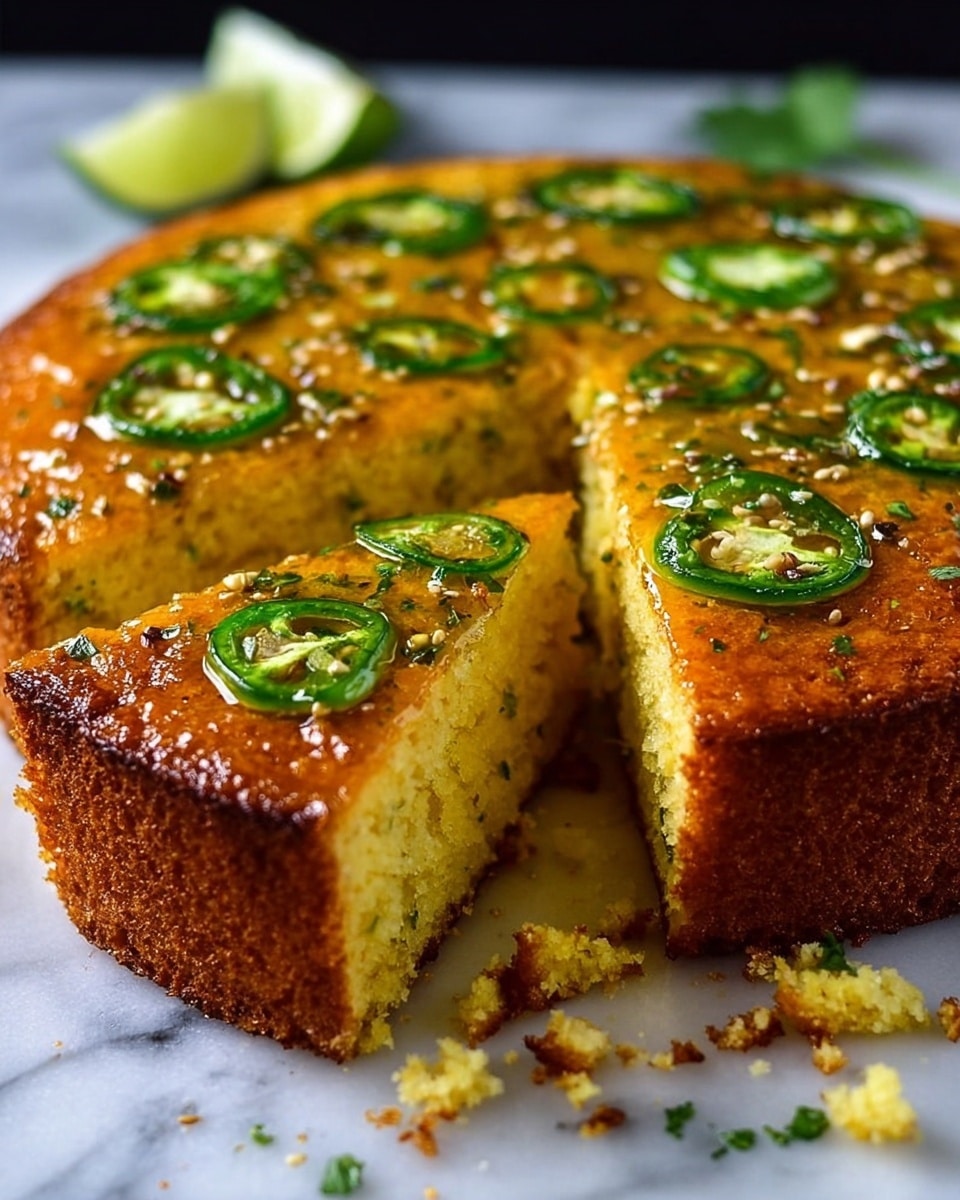 The image shows a round cornbread with a golden-brown crust, cut into slices with one slice slightly pulled out in the front. The top layer is glossy and moist, decorated with thin green jalapeño slices evenly spread, and sprinkled with small bits of herbs and seeds. The cornbread itself looks soft and crumbly with a light yellow inside, and a few crumbs scattered around the base on a white marbled surface. In the background, there is a small lime wedge and some loose green herbs adding fresh color. Photo taken with an iphone --ar 4:5 --v 7