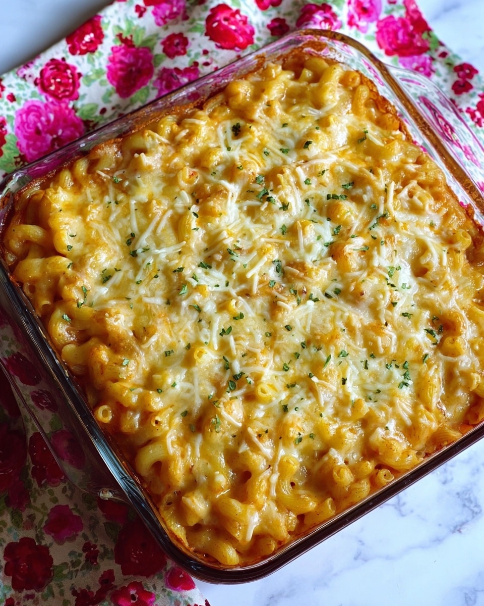 A large square glass baking dish filled with baked macaroni and cheese, showing a golden brown top layer of melted cheese with some white cheese strands visible and sprinkled with small green herb bits. The macaroni underneath looks creamy and rich, and the dish sits on a white marbled surface covered partially by a floral cloth with red and pink flowers and green leaves. Photo taken with an iphone --ar 4:5 --v 7