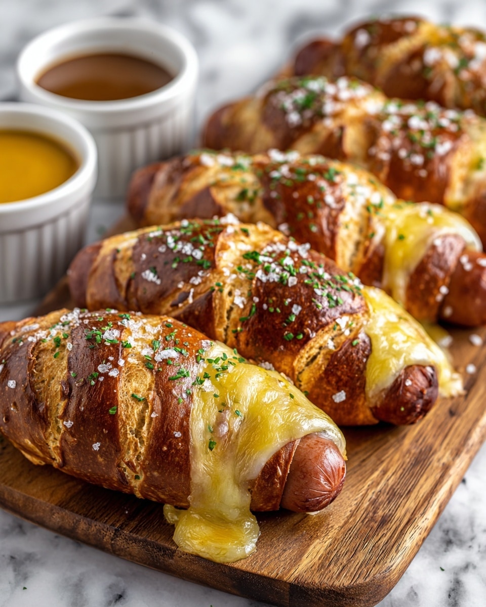 The image shows four pretzel-wrapped hot dogs on a wooden board, each with a golden-brown pretzel dough layer wrapped tightly around the sausage. The tops feature melted yellow and white cheese that oozes slightly out of the dough, sprinkled with coarse salt and green herbs. The pretzel dough has a shiny, brown crust with clear scoring lines. Two small white bowls with dipping sauces, one brown and one yellow, are blurred in the background. The surface under the board is a white marbled texture photo taken with an iphone --ar 4:5 --v 7