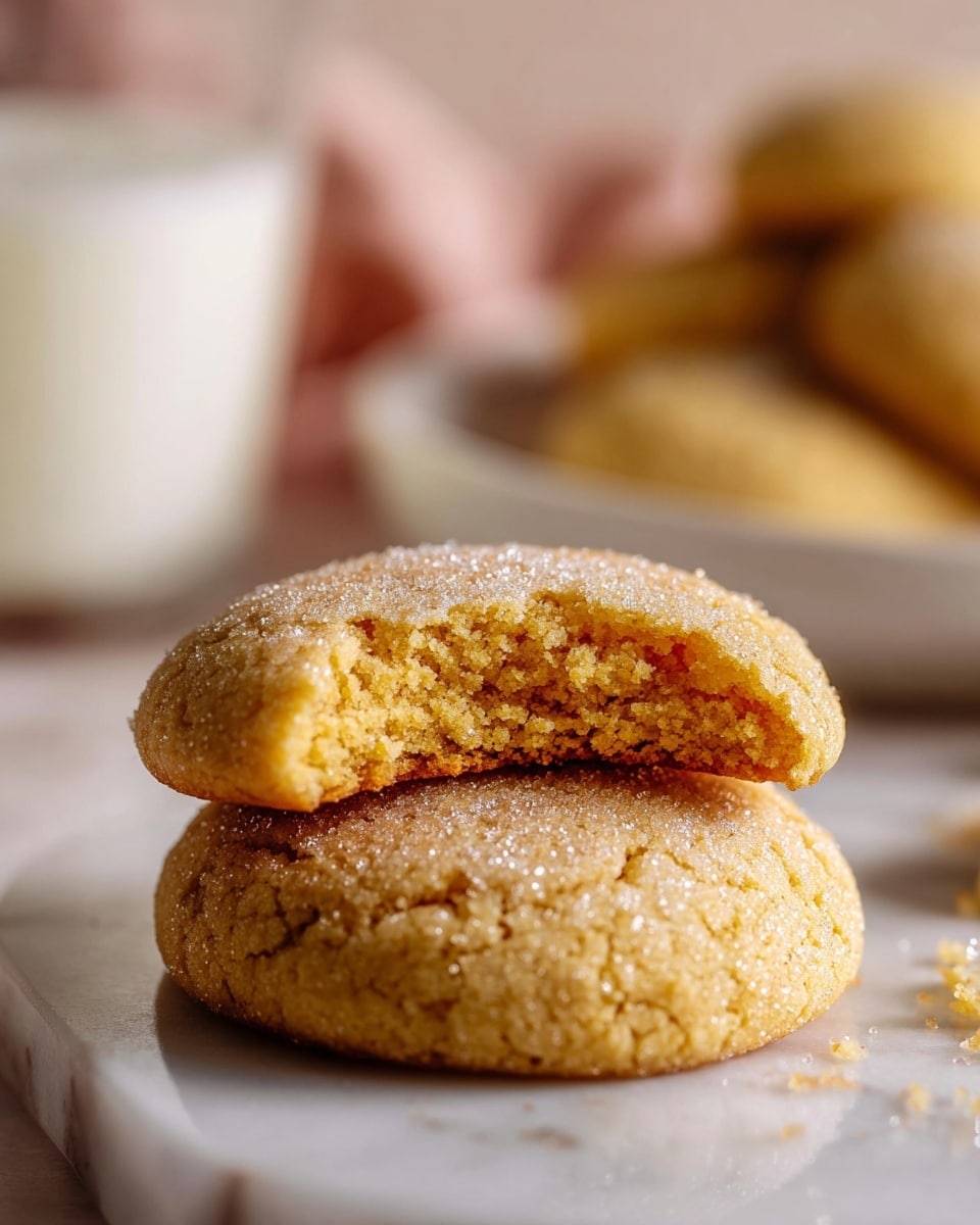 The image shows two round golden-brown cookies stacked on a white marbled surface, with the top cookie having a bite taken out, revealing a soft, crumbly inside texture. The cookies have a delicate sugar coating that sparkles under the light. In the background, there is a white plate holding more cookies and a glass of milk, all softly blurred, which adds depth to the image. The overall setting has a warm, cozy feel with gentle shadows. Photo taken with an iphone --ar 4:5 --v 7