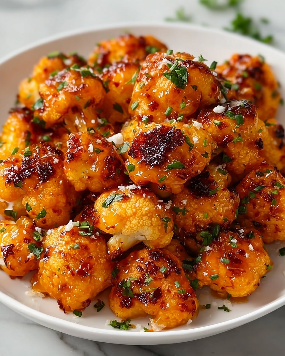 The image shows a close-up of a white plate filled with about two layers of golden-brown cauliflower florets coated in a shiny orange glaze. Each floret has dark caramelized spots and is sprinkled with small green chopped herbs and tiny white flakes, likely cheese or seasoning. The cauliflower looks crispy with a textured surface from the glaze and charring, giving a rich and appetizing appearance. The plate is placed on a white marbled surface, enhancing the bright colors of the dish. photo taken with an iphone --ar 4:5 --v 7