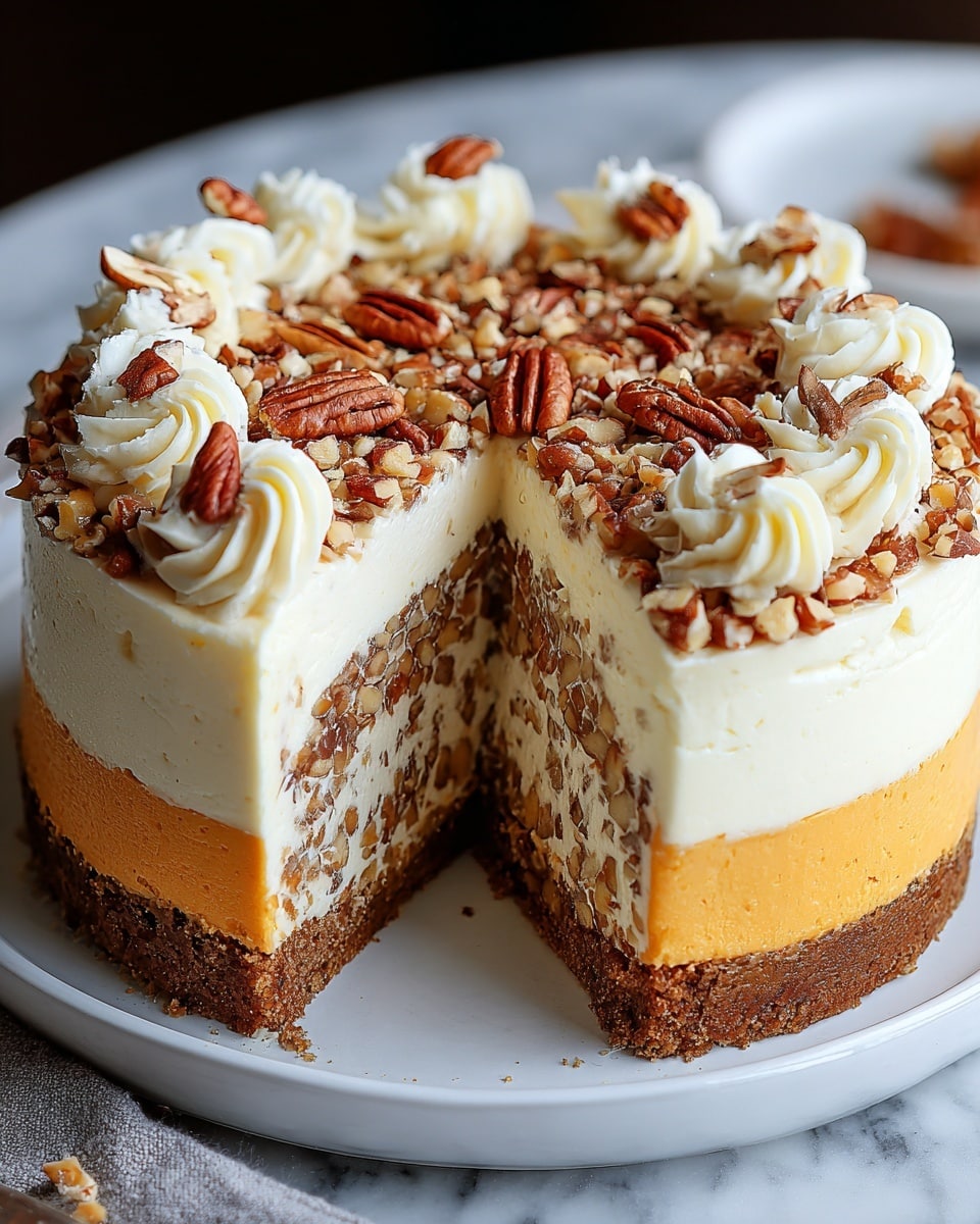 A tall cheesecake with three visible layers sits on a white plate on a white marbled surface. The bottom layer is a dense brown crust, followed by a smooth orange cream layer. Above this is a white cream cheese layer, then a thick middle layer mixed with small nut pieces, topped again by a thick layer of white cream cheese. The top is decorated with chopped nuts and whole pecans scattered over white cream swirls around the edge. A section of the cake is cut out, showing these layers clearly. Photo taken with an iphone --ar 4:5 --v 7