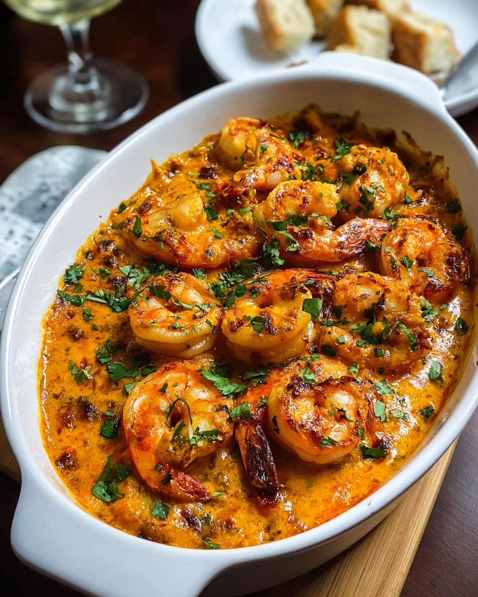 This image shows a white oval baking dish filled with a rich shrimp dish. The dish has one visible layer, topped with a creamy orange sauce with texture indicating spices and small bits, and large cooked shrimp scattered on top, their pink and orange shells slightly charred. Fresh green herb pieces are sprinkled all over the shrimp and sauce, adding a pop of color. The baking dish is placed on a wooden surface with a blurred background that includes a white marbled plate with small pieces of bread and a glass of drink. Photo taken with an iphone --ar 4:5 --v 7